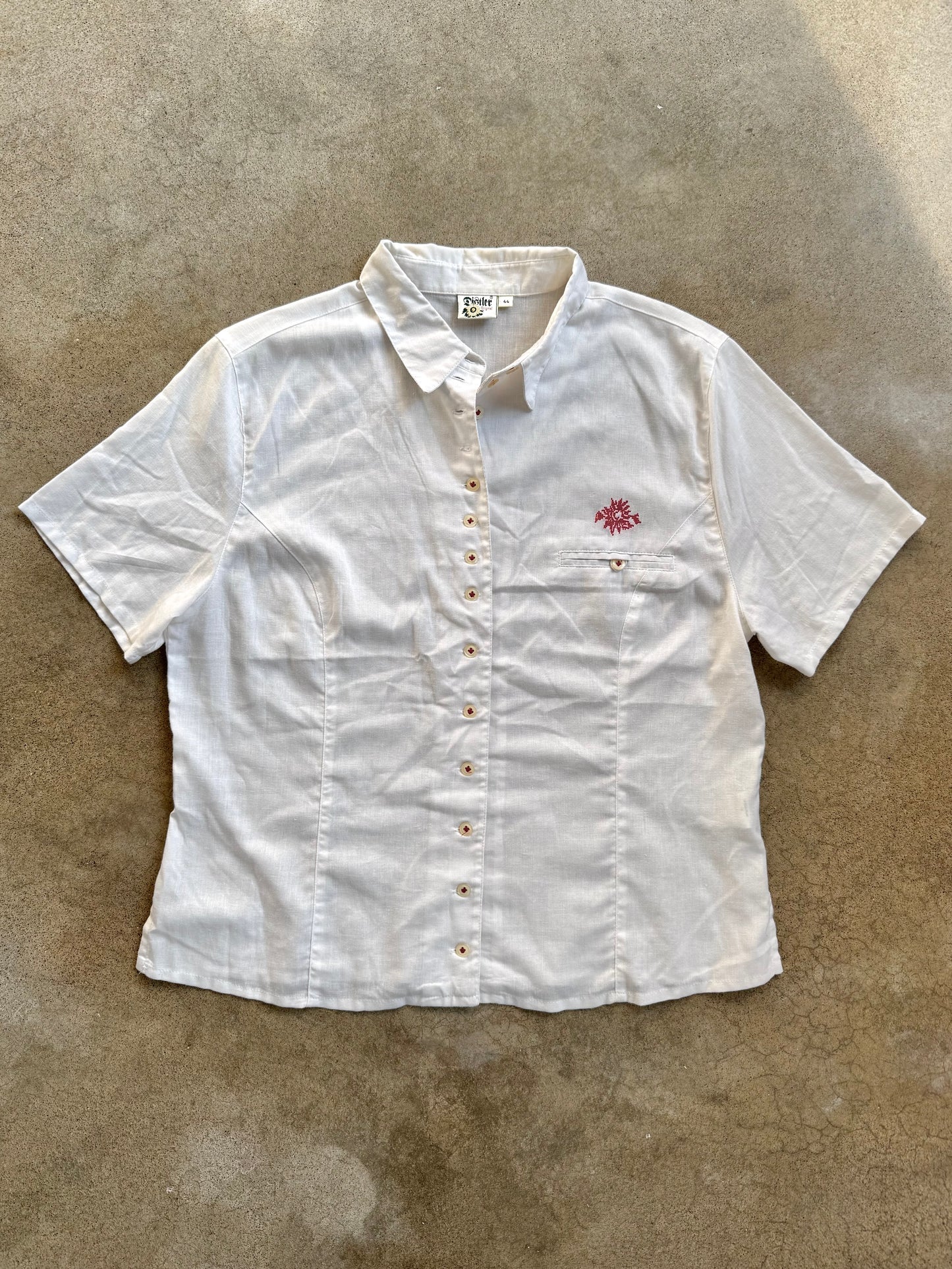 Vintage 1970s Distler White Embroidered Button-Up Blouse | Large
