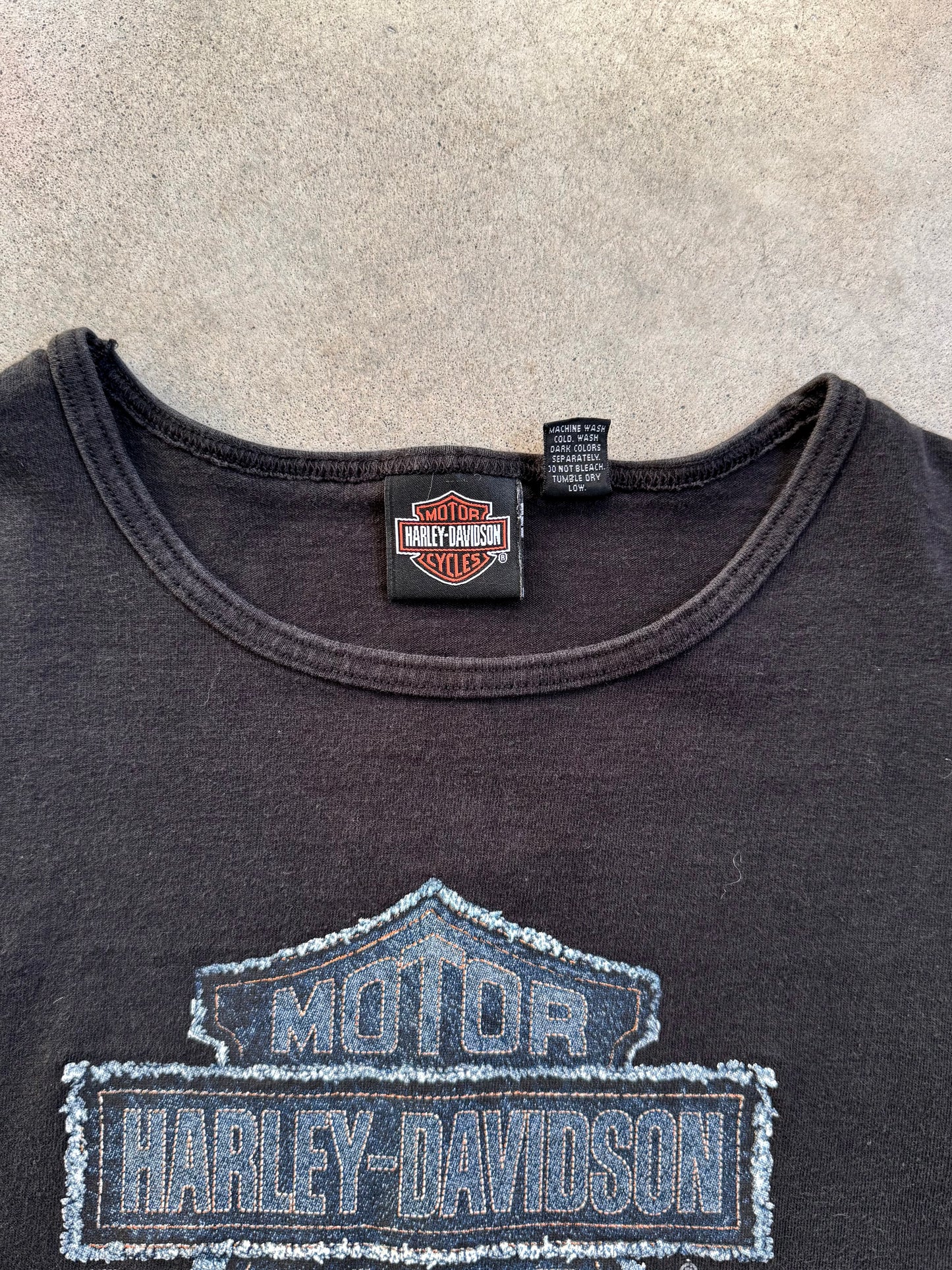 2000s Boston Harley Davidson Denim Graphic Long Sleeve Cotton Tee | Small
