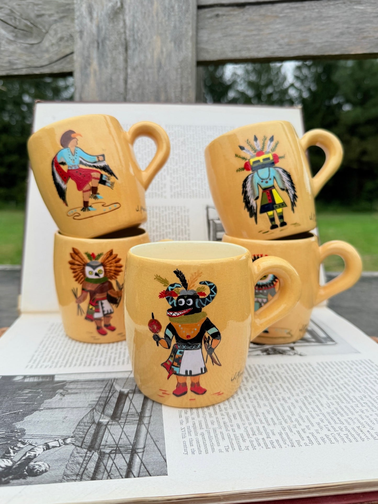 Vintage 1950s J. Moore Hand-Painted Ceramic Native American Coffee Mugs | Set of 5