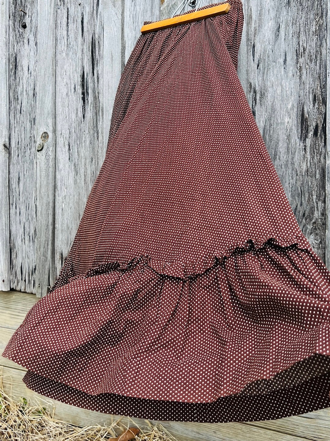 Vintage Handmade Brown Polka Dot Maxi Skirt & Sash Set | XL
