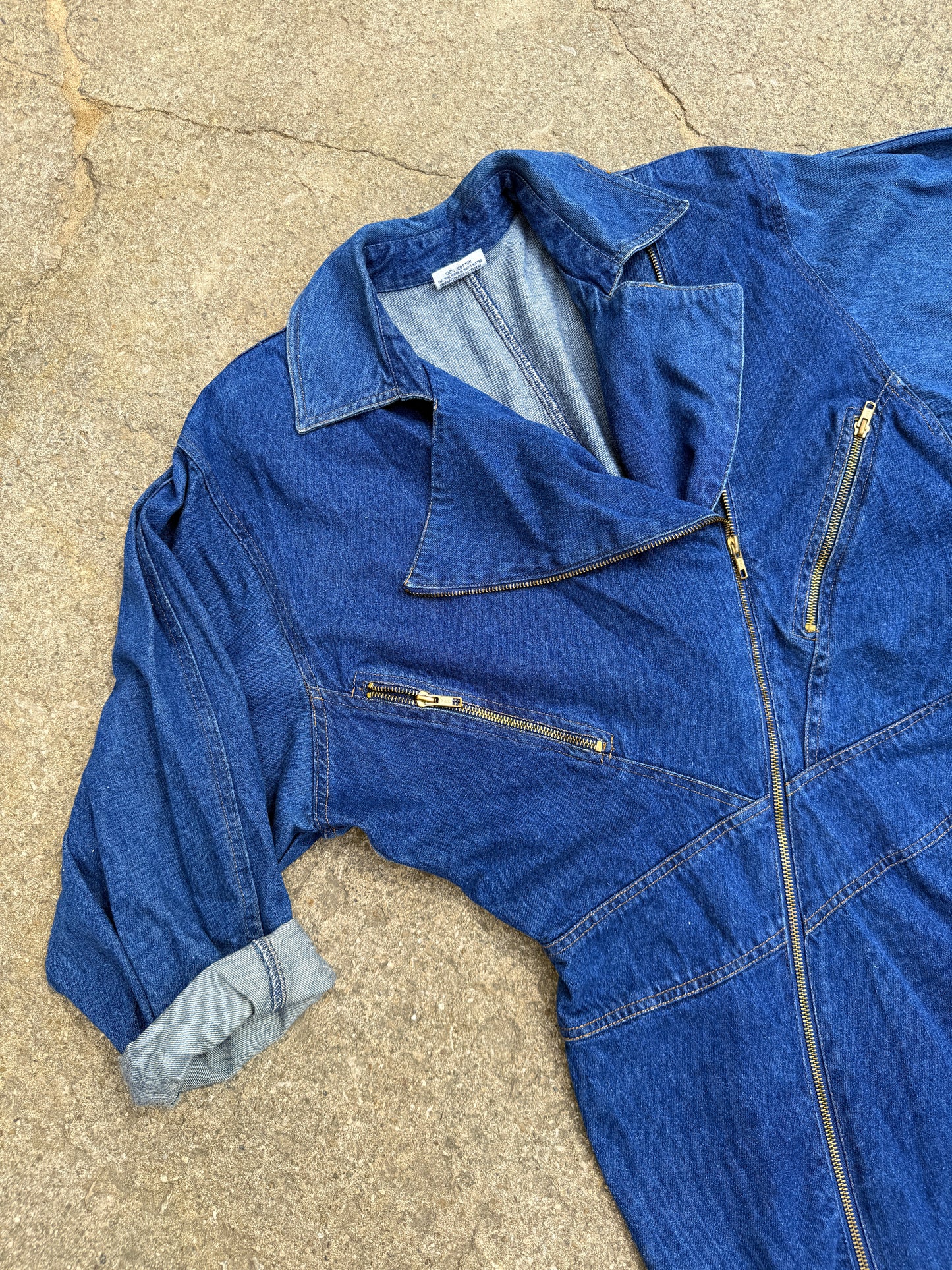 Vintage 1980s Joni Blair Zip-Front Batwing Sleeve Denim Dress | S/M