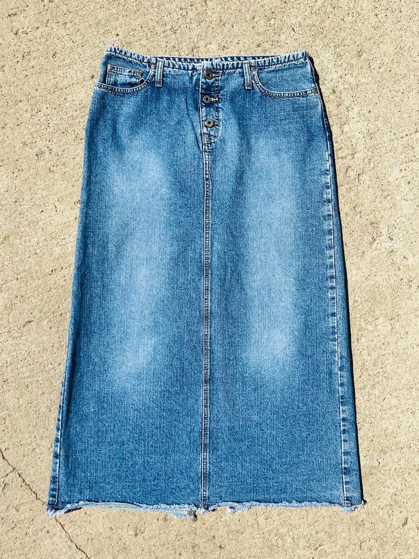 Vintage 90s/Y2K Hydraulic Low Rise Denim Maxi Skirt | Waist 33”