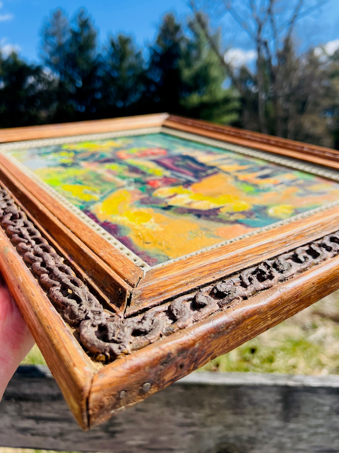 Antique Framed Abstract Landscape Oil on Canvas Painting