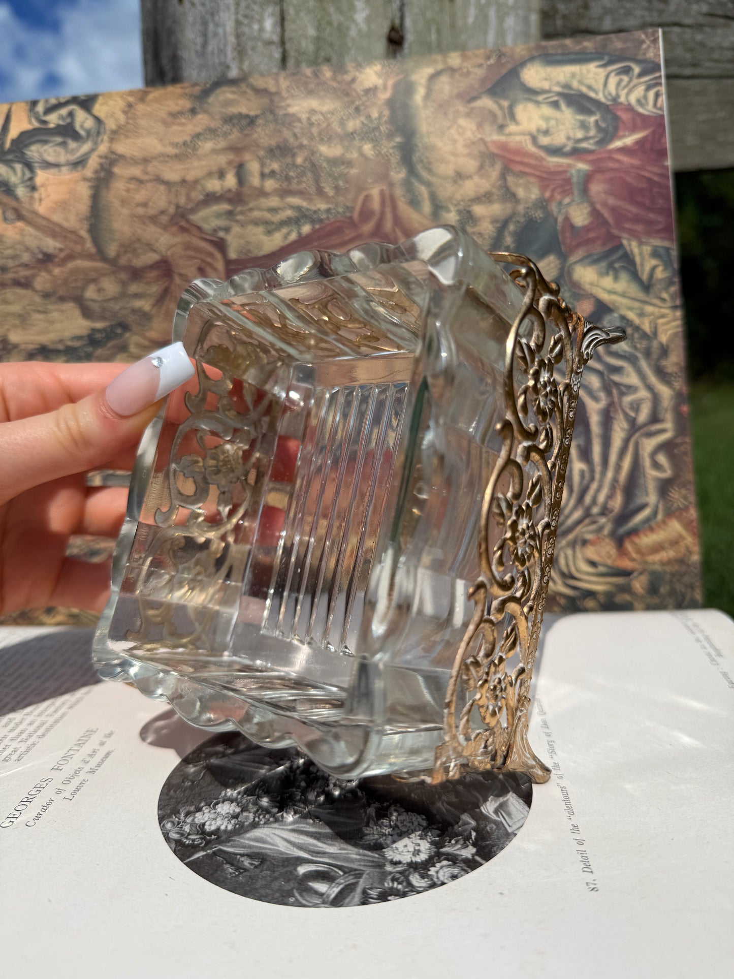 Vintage 1960s Glass Trinket Box w/ Gold-Tone Filigree Stand