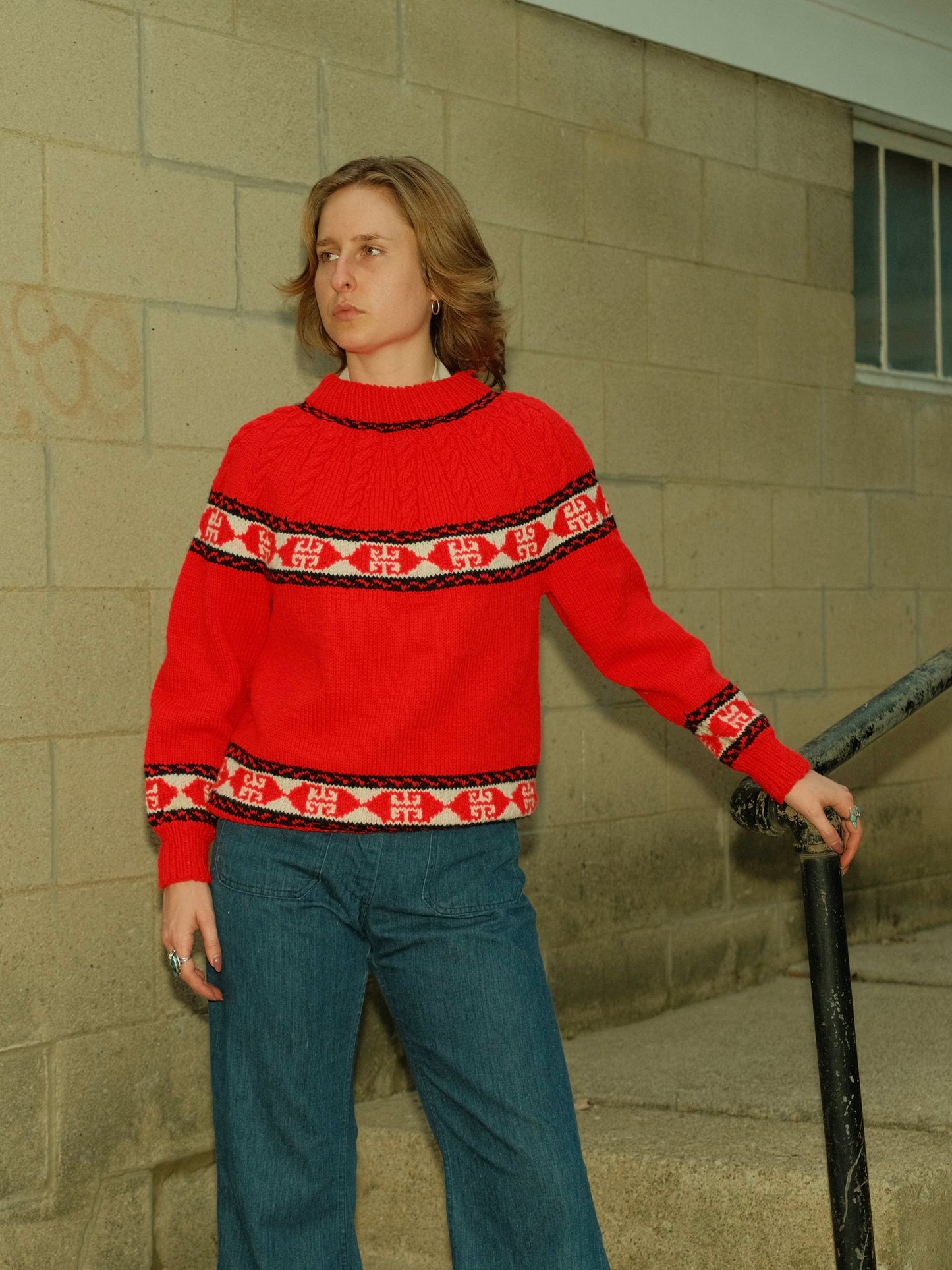 Vintage 1970s Handmade Red Scandinavian Sweater | M/L