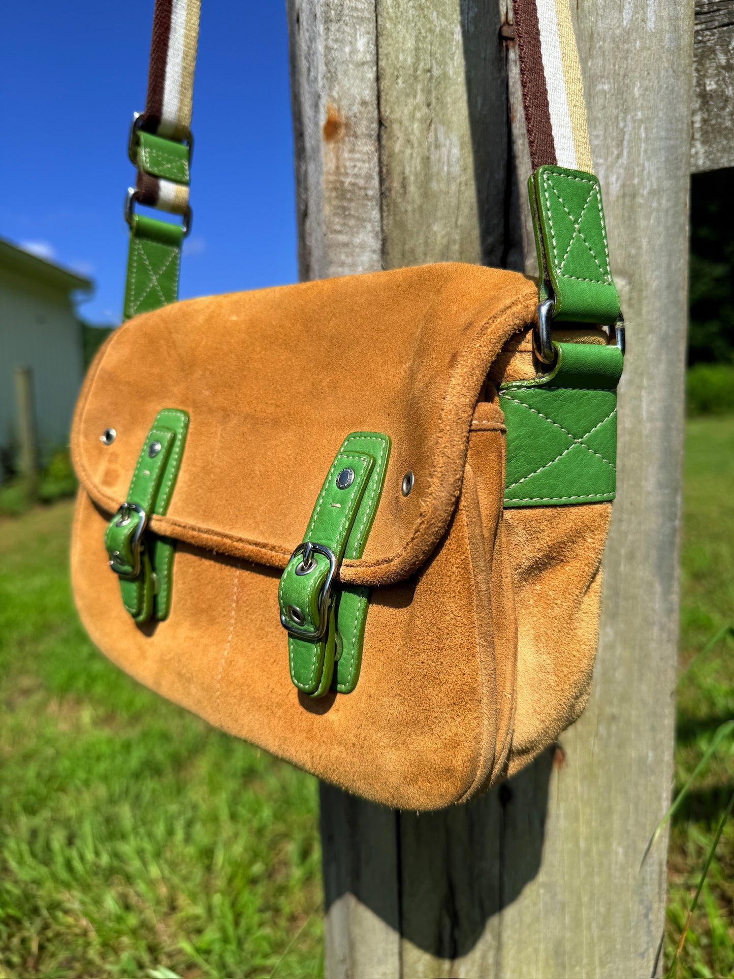 Y2K Coach Tan Suede Leather Green Accent Crossbody Bag