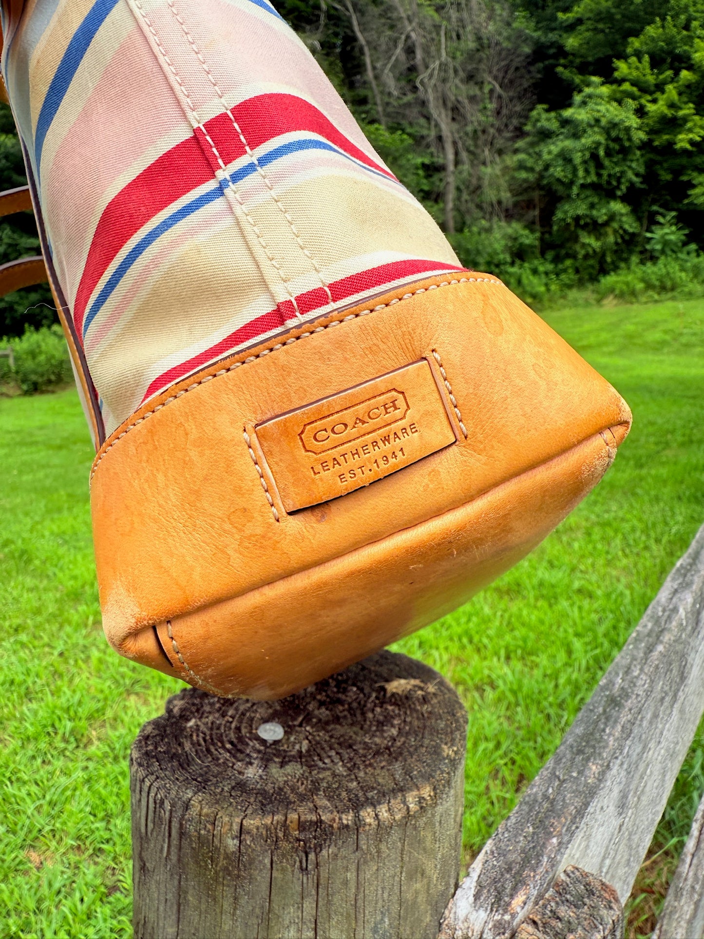 2000s Coach Hampton Striped Canvas & Tan Leather Tote Bag