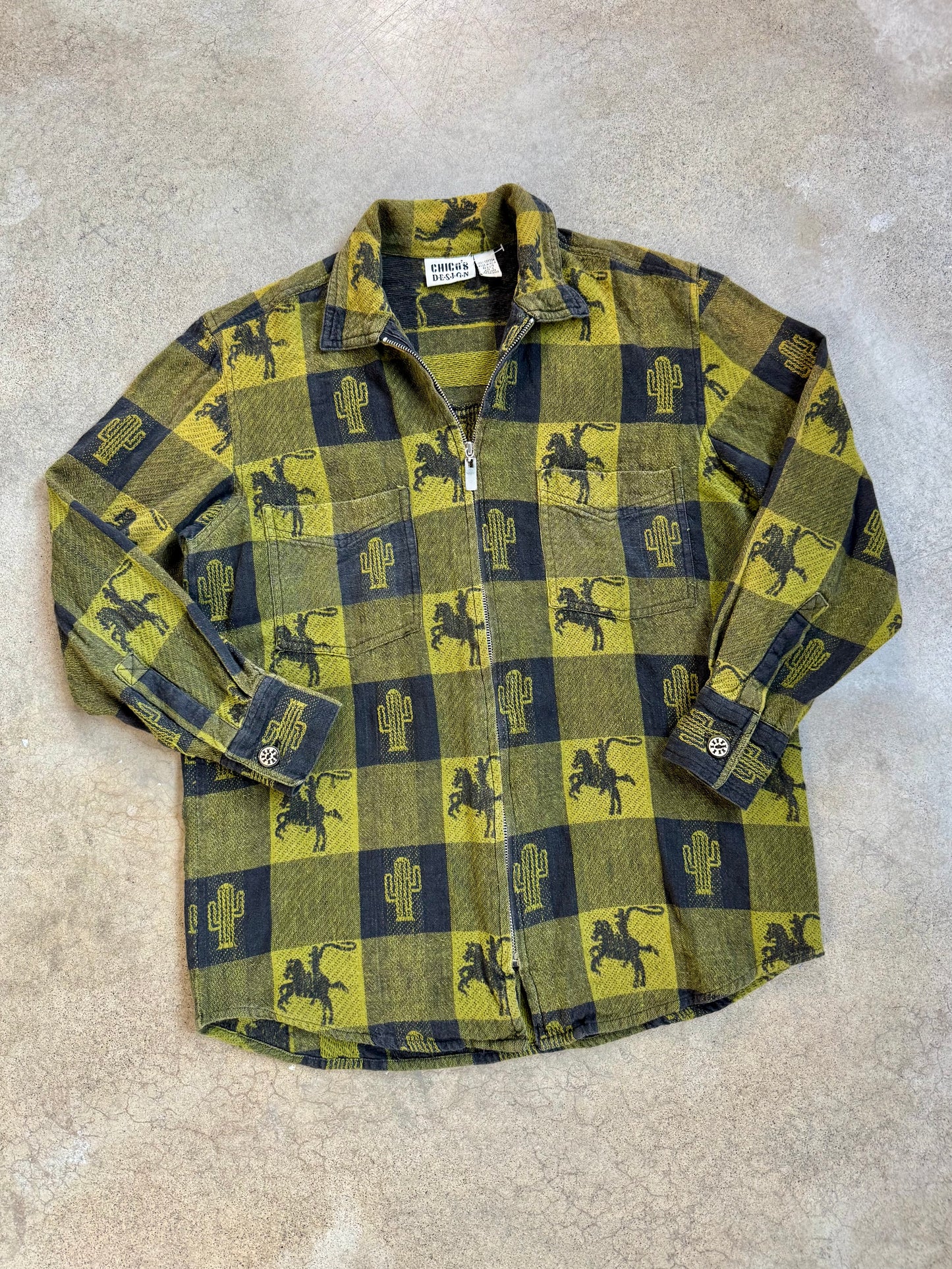 Vintage 1990s Chicos Western Cowboy Print Cotton Zip-Up Shirt Jacket | Medium