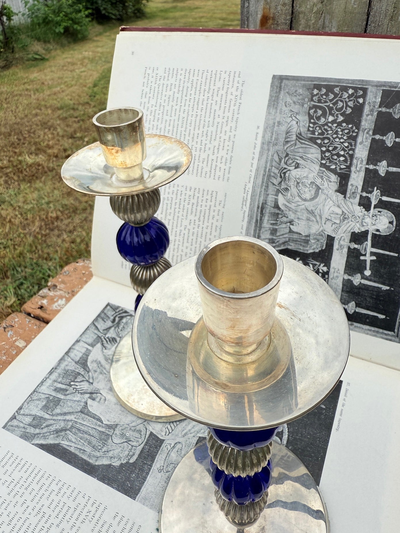 Vintage 1970s/80s Blue & Silver-Plated Stacked Orb Candlestick Holders | Set of 2