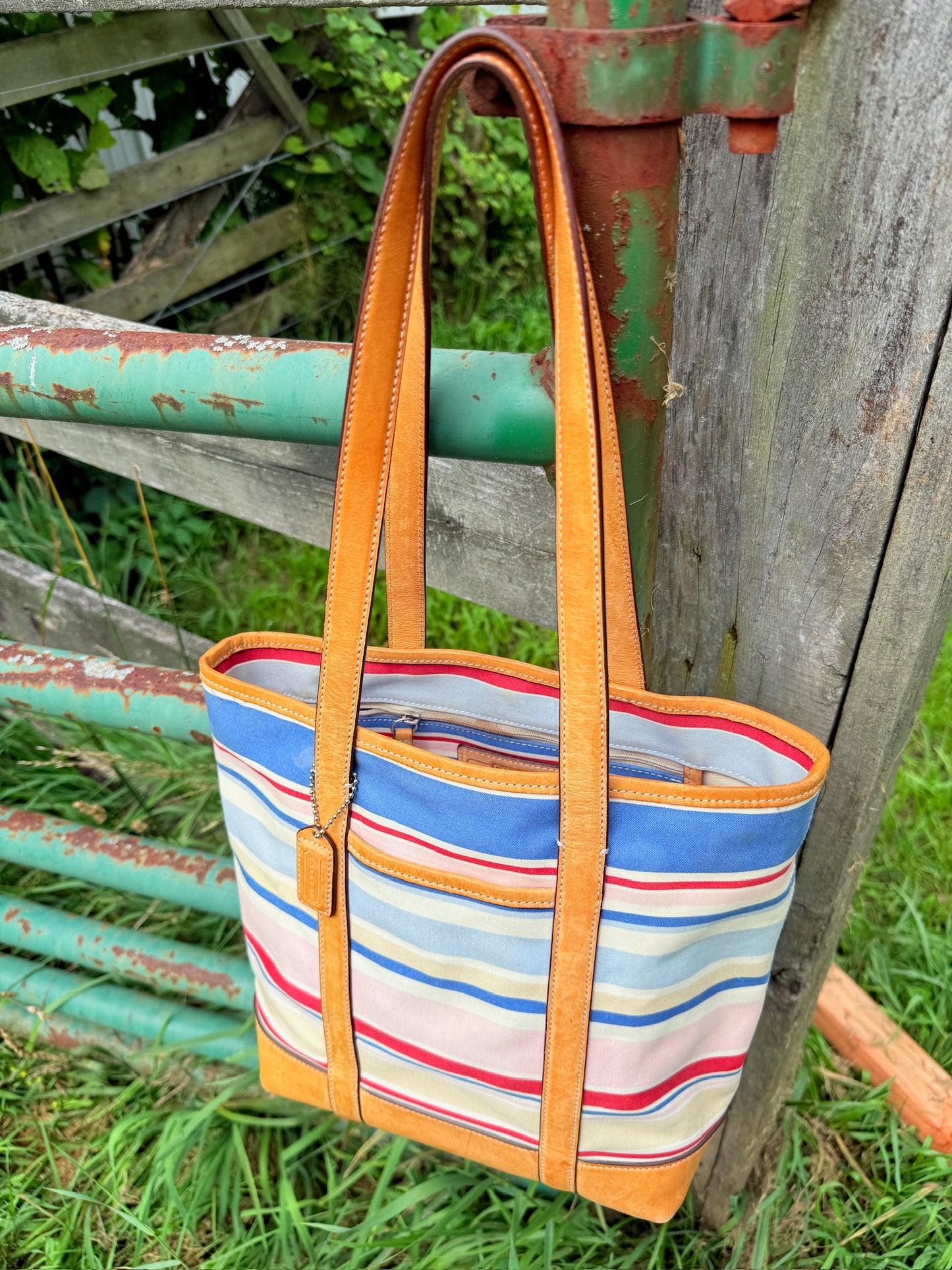 2000s Coach Hampton Striped Canvas & Tan Leather Tote Bag