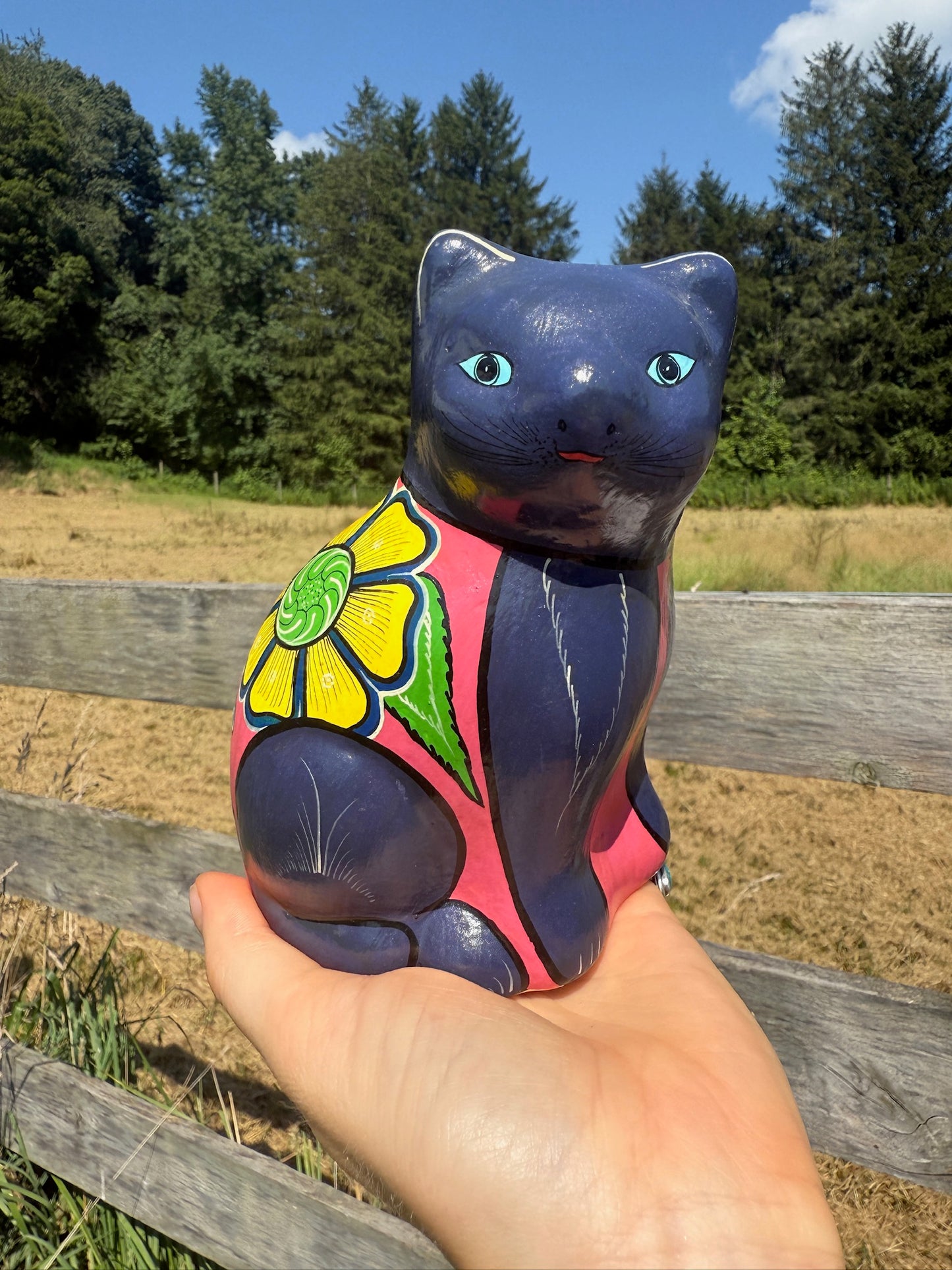 Vintage 1970s Terracotta Hand-Painted Cat Statue