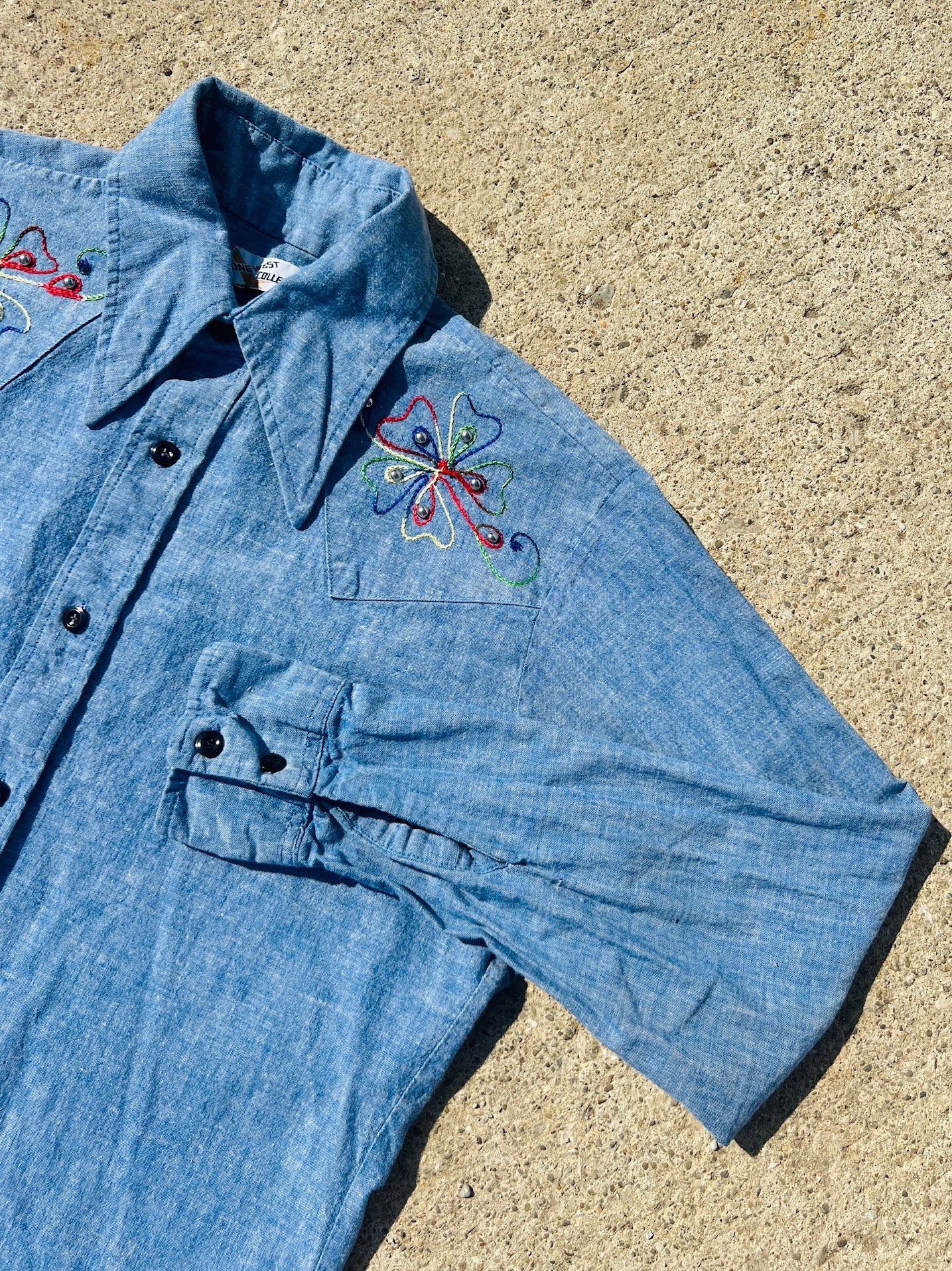 Vintage 1970s One West Collection Embroidered Chambray Button-Up Shirt | Medium