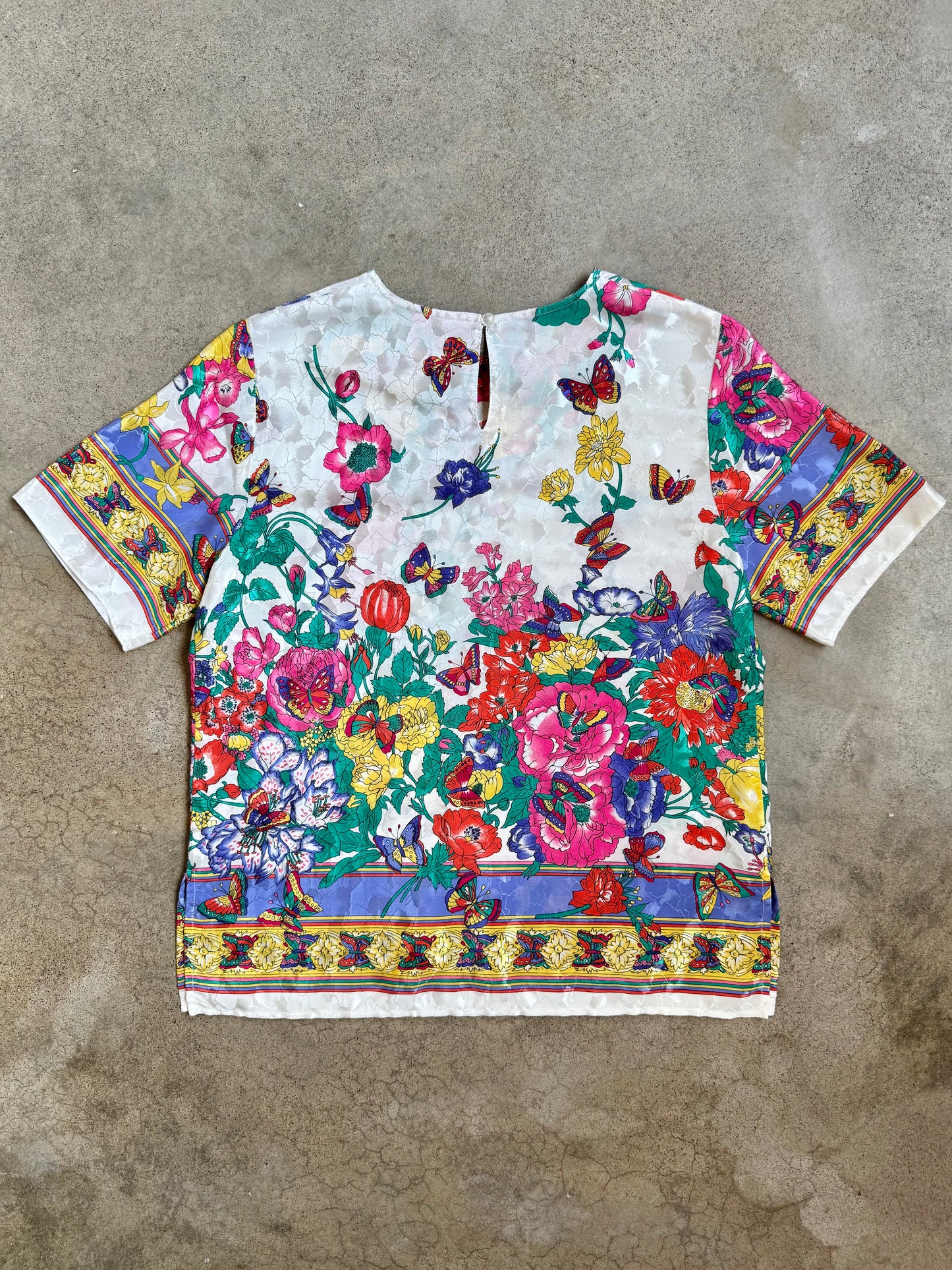 Vintage 1980s Three Flaggs California Floral Butterfly Print Satin Blouse | Medium