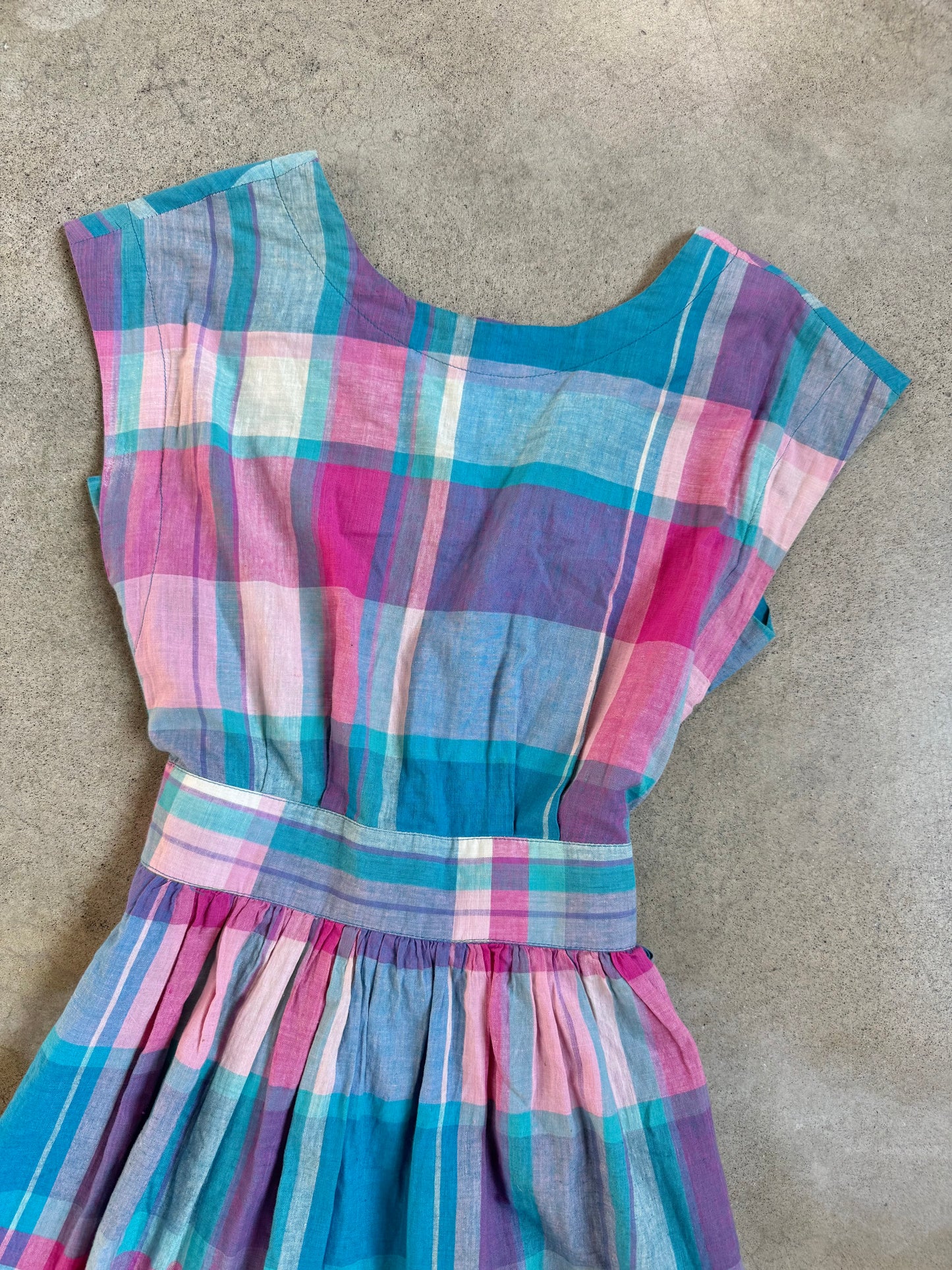 Vintage 1960s Pink & Purple Plaid Tie Waist Cotton Mini Dress | XS