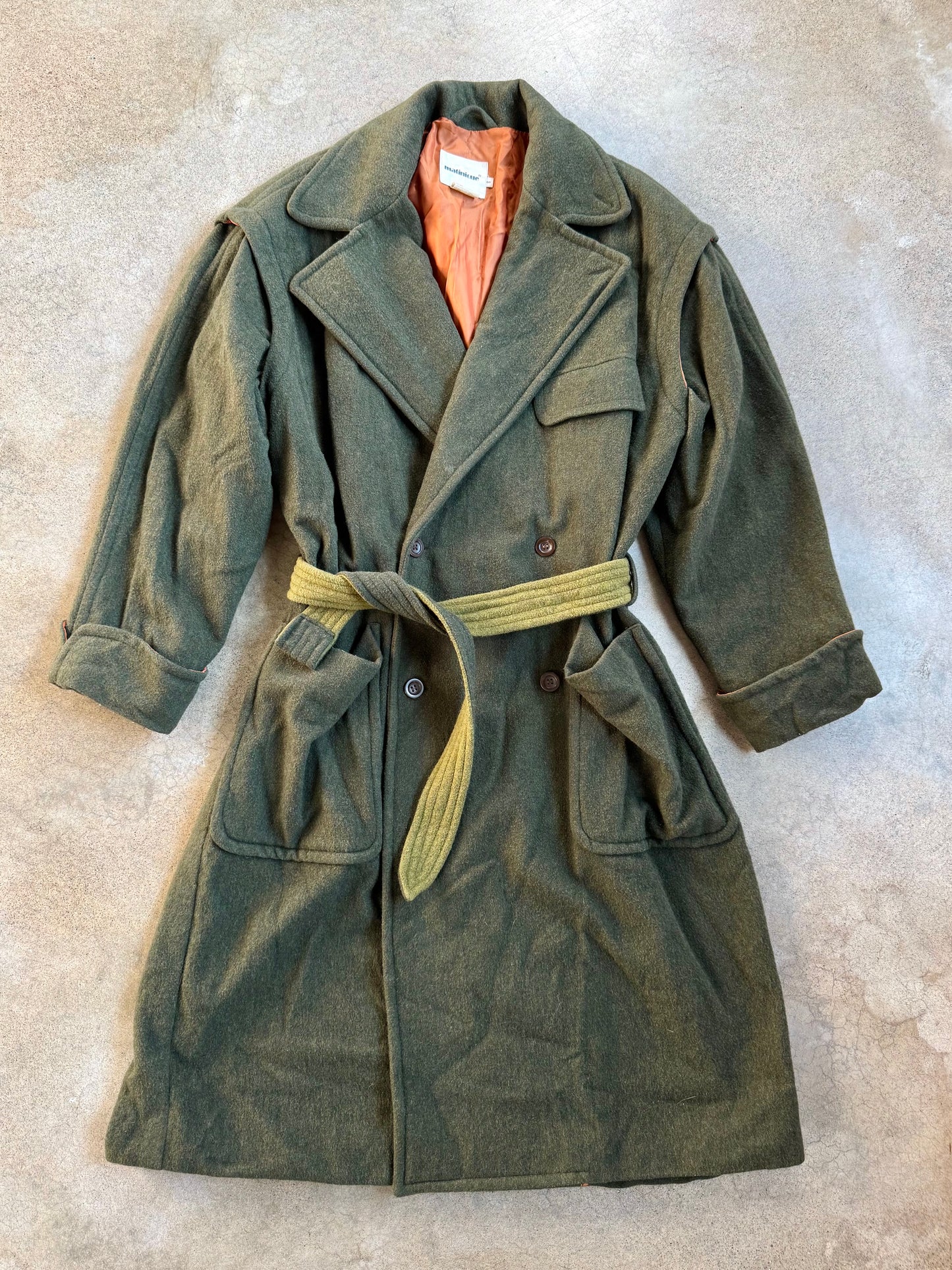 Vintage 1980s Matinique Green Wool Tie-Belt Overcoat | L/XL