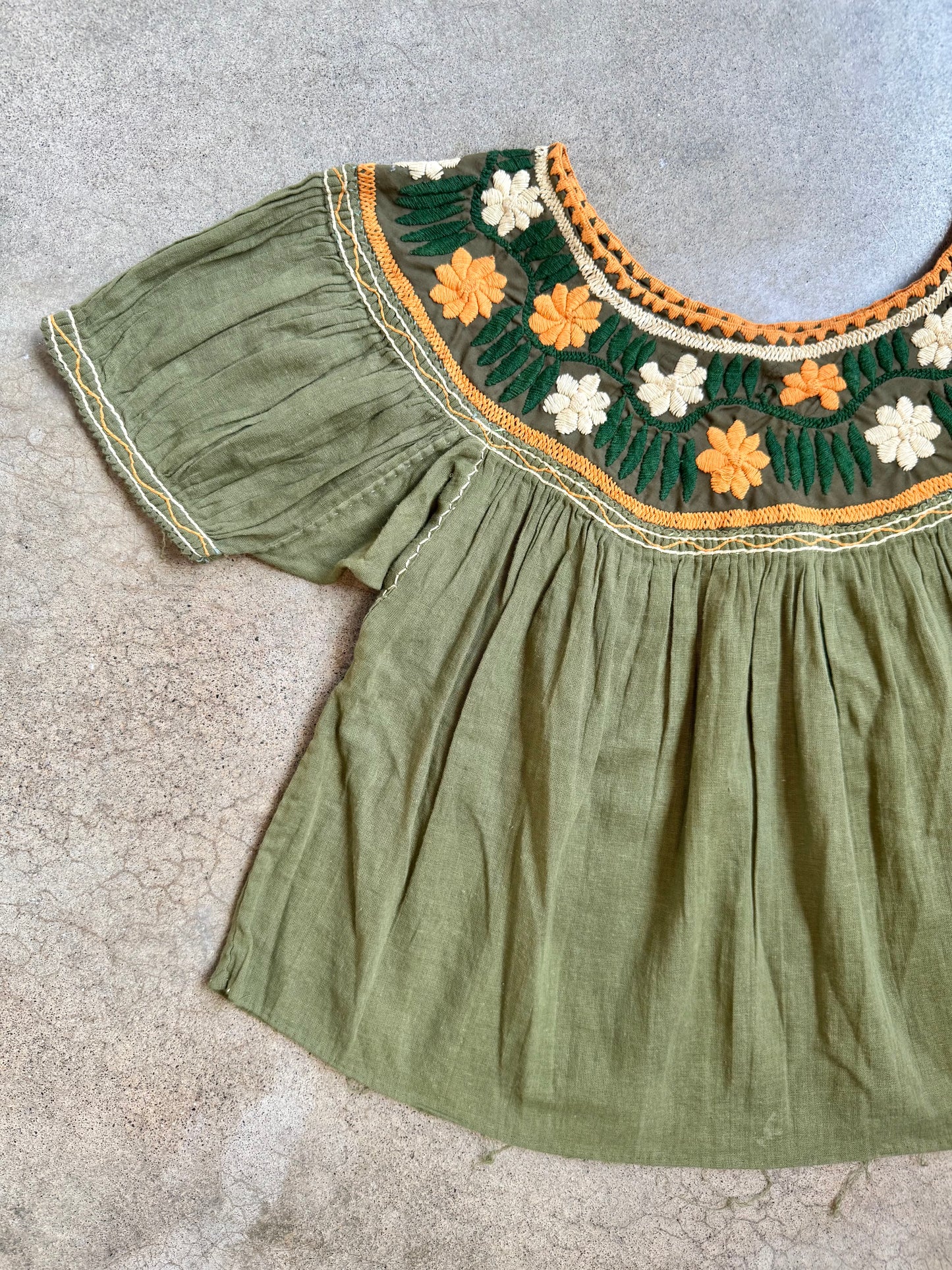 Vintage 1970s Green & Orange Floral Embroidered Peasant Blouse | S/M