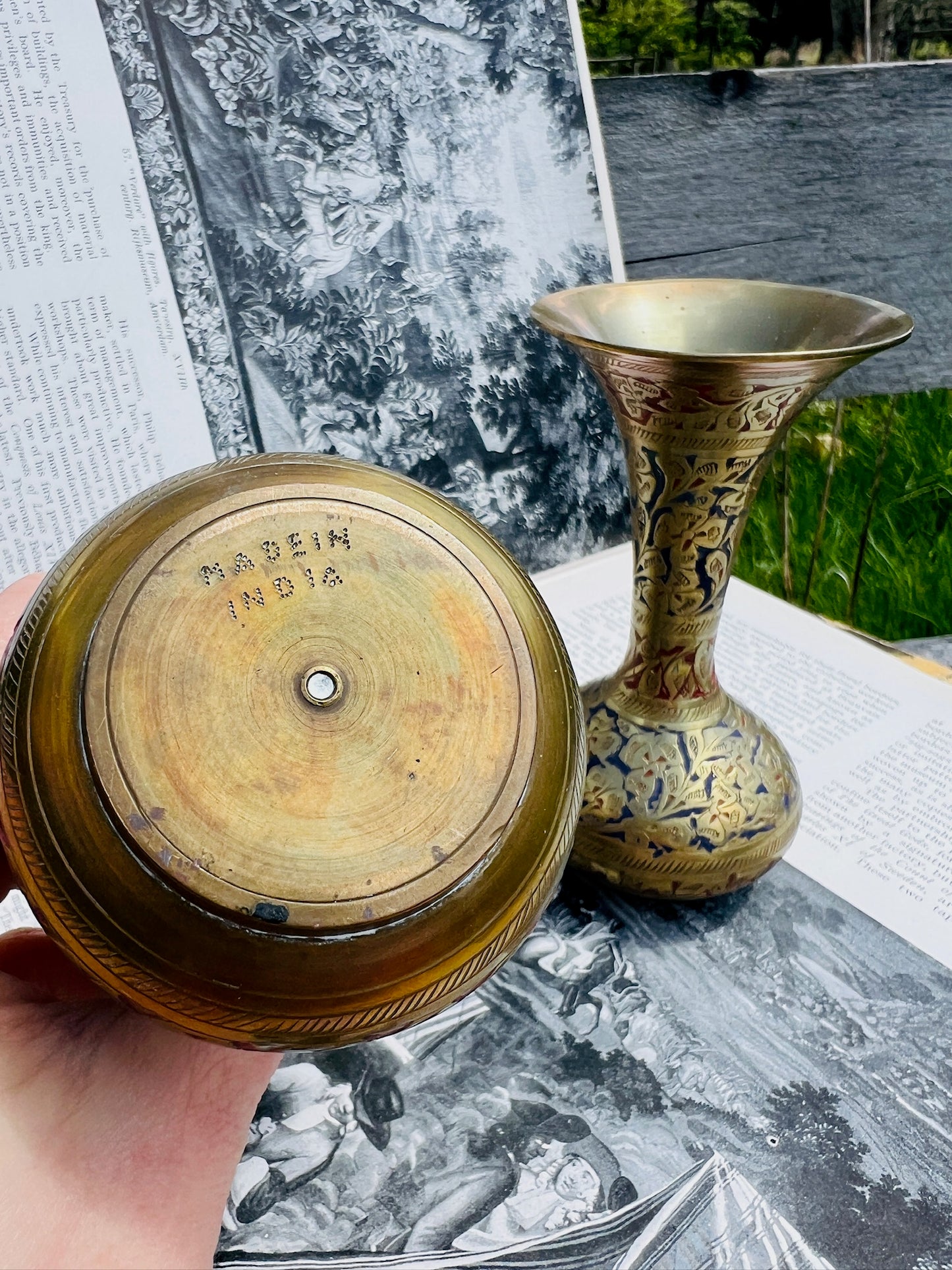 Vintage 1950s Solid Brass Floral Etched Bud Vases | Set of 2