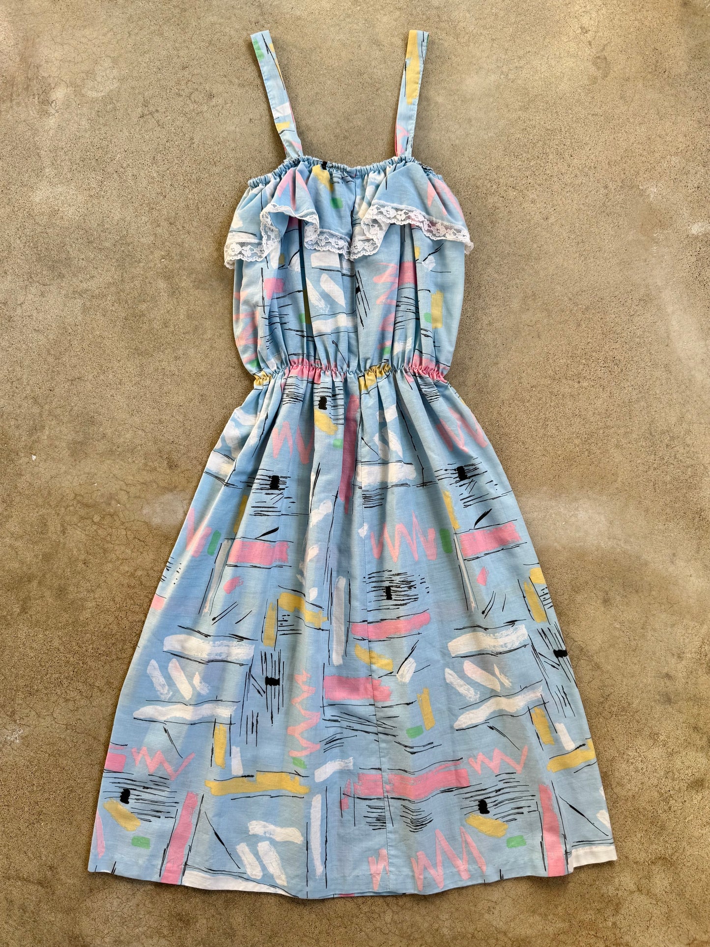Vintage 1980s Pastel Printed Cinch-Waist Ruffled Midi Dress | Medium
