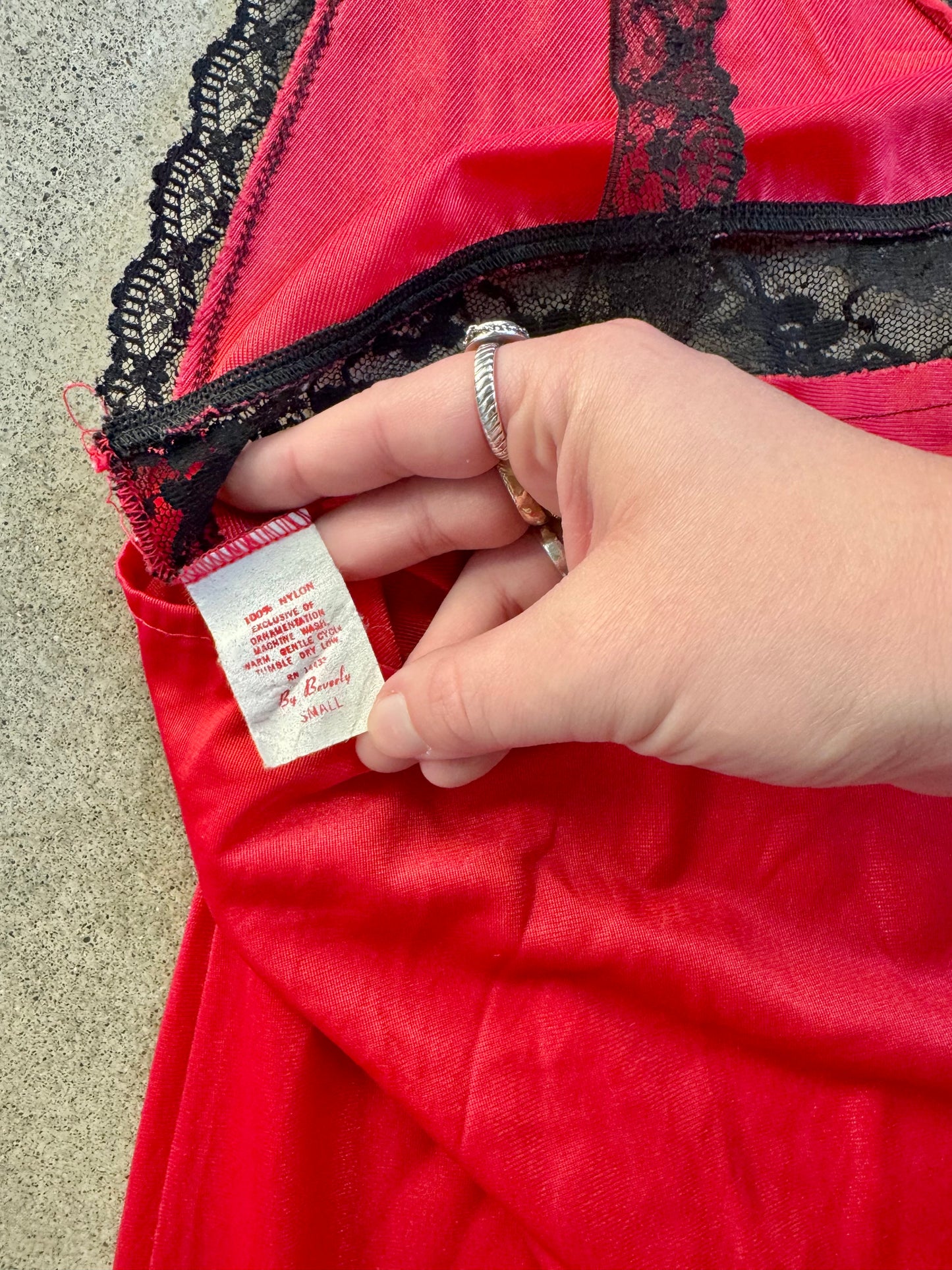 Vintage 1970s By Beverly Red & Black Lace Trim Maxi Slip Dress | Small