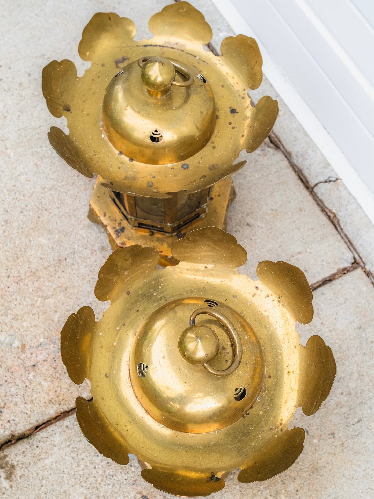 Antique 1855 Japanese Solid Brass Buddhist Temple Lanterns | Set of 2