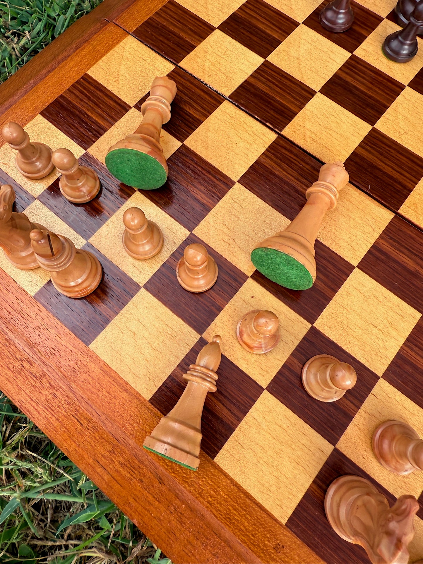 Vintage 1960s Wood Folding Chess Board w/ Chess Pieces