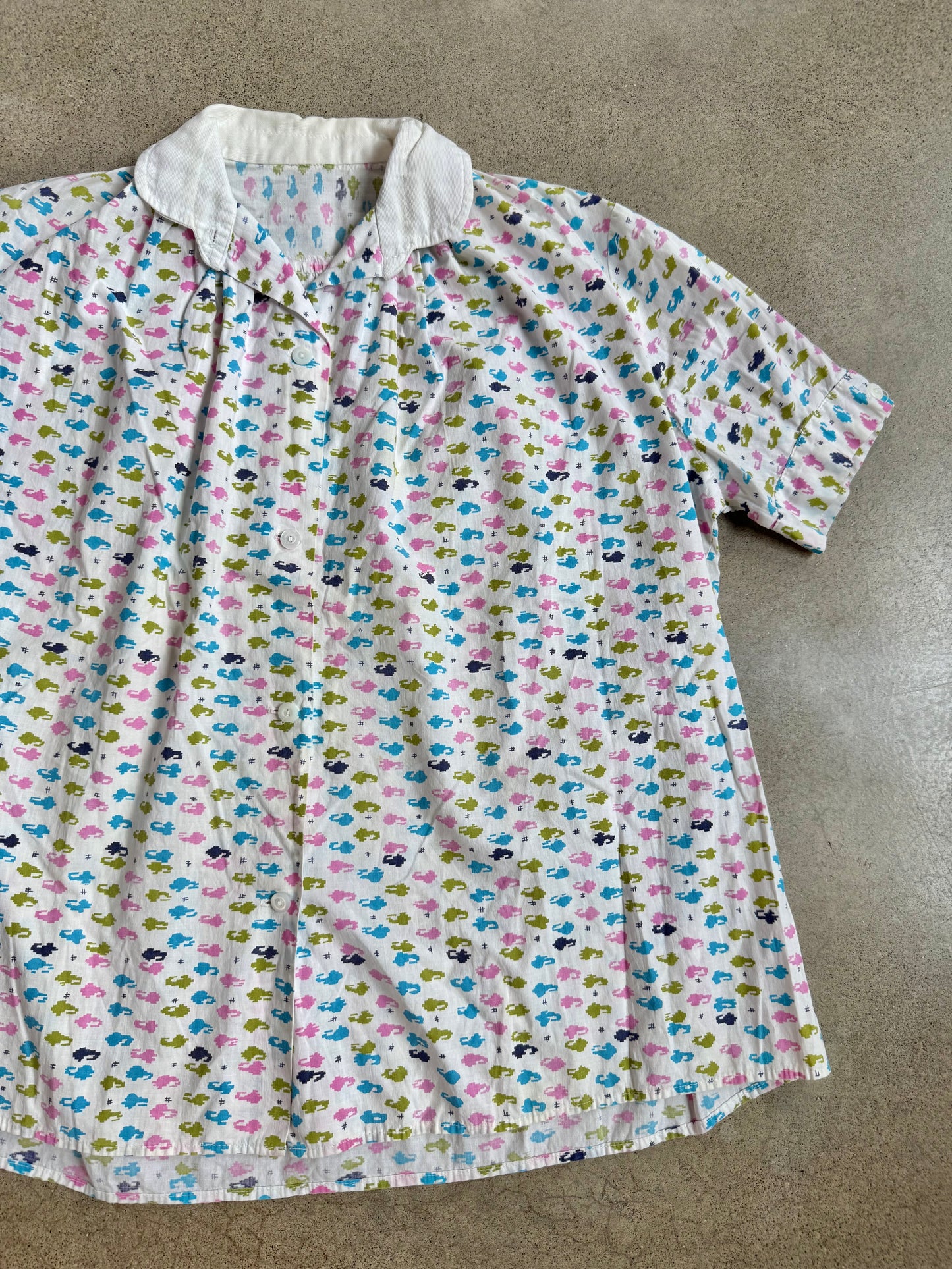 Vintage 1960s Multi-Color Abstract Print Short Sleeve Blouse | XL