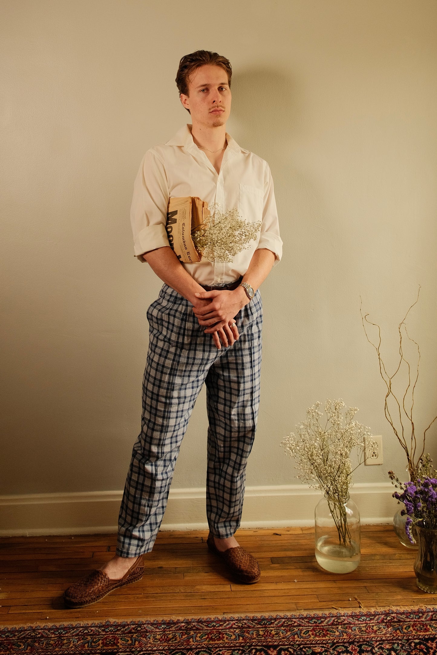 Vintage 1990s Eddie Bauer Blue Plaid Pleated Cotton Trousers | Waist 30”