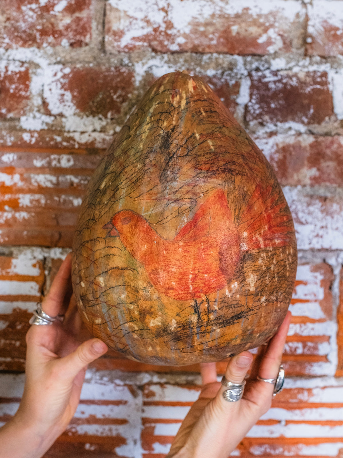 Vintage Folk Art Bird Drawing Decorative Gourd