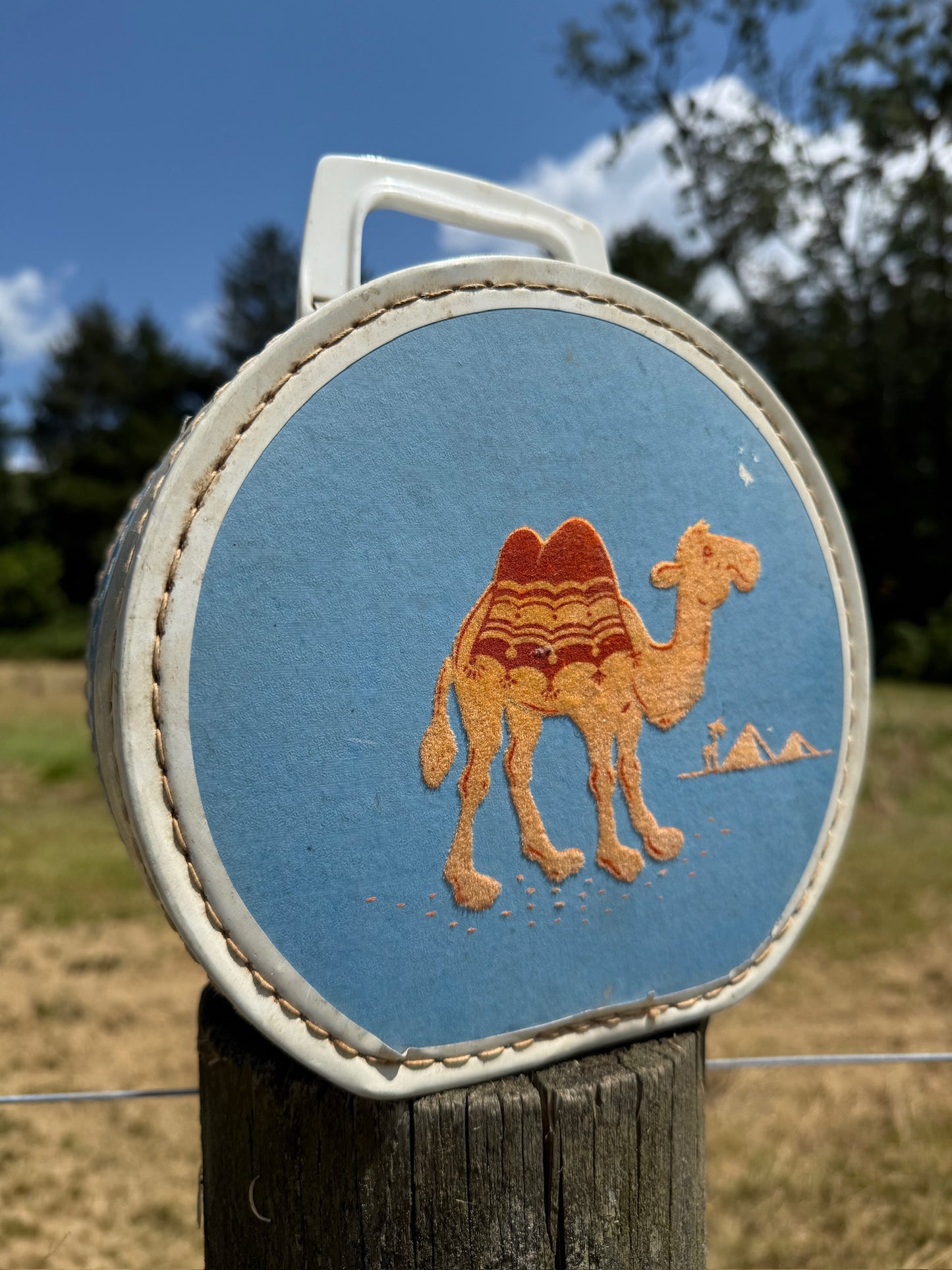 Vintage 1950s Felt Camel Patch Blue Top Handle Box Purse