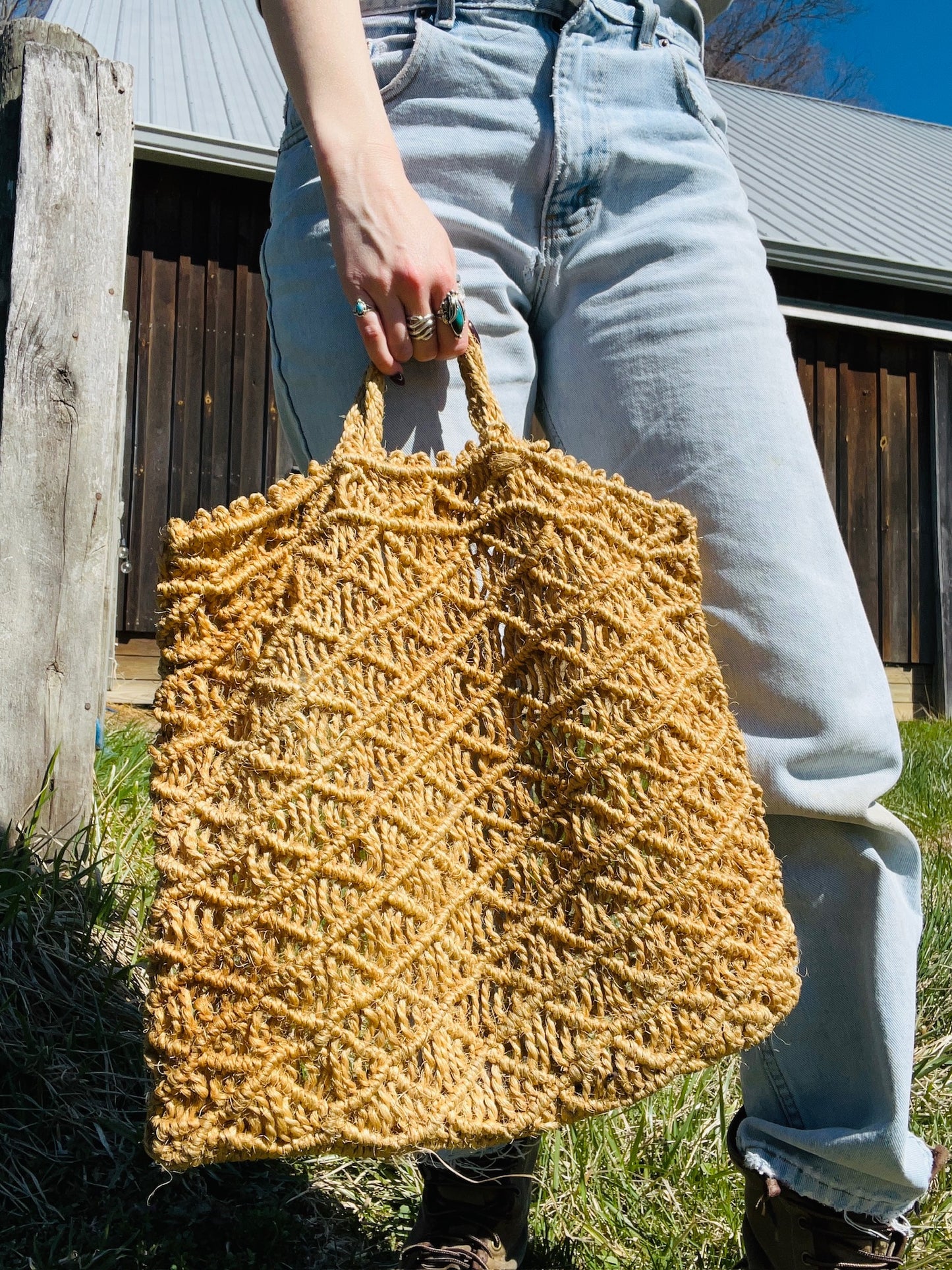Vintage 1960s Jute Macrame Market Bag