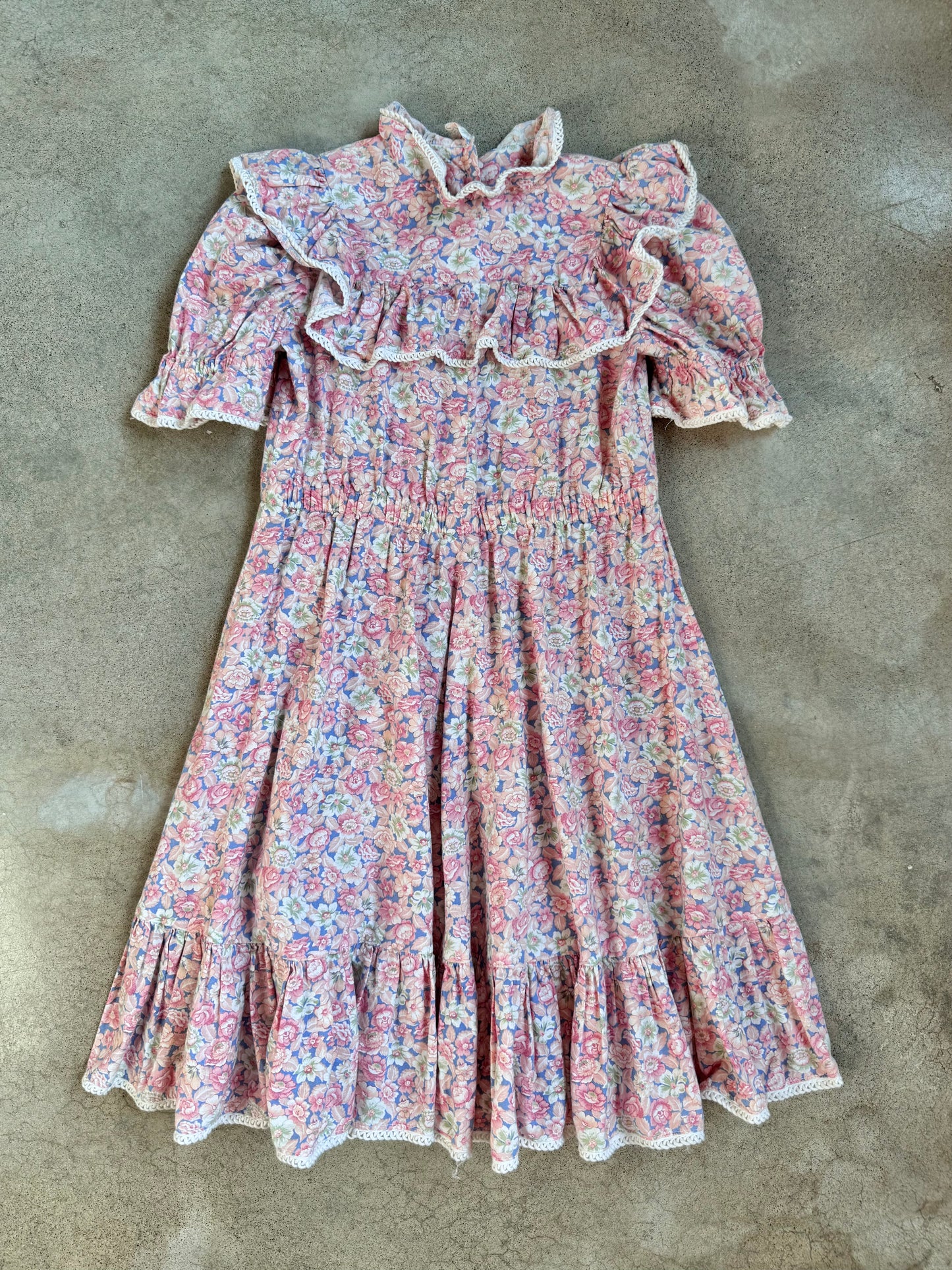 Vintage 1970s Handmade Pink Floral Frilled Collar Babydoll Dress | XS/S