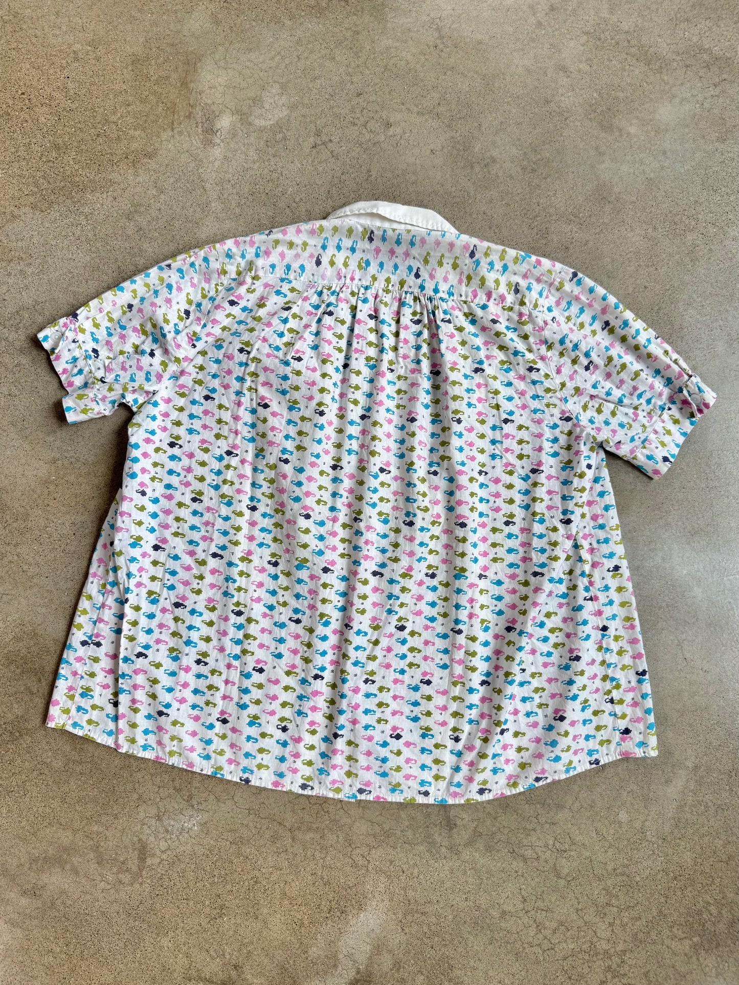 Vintage 1960s Multi-Color Abstract Print Short Sleeve Blouse | XL