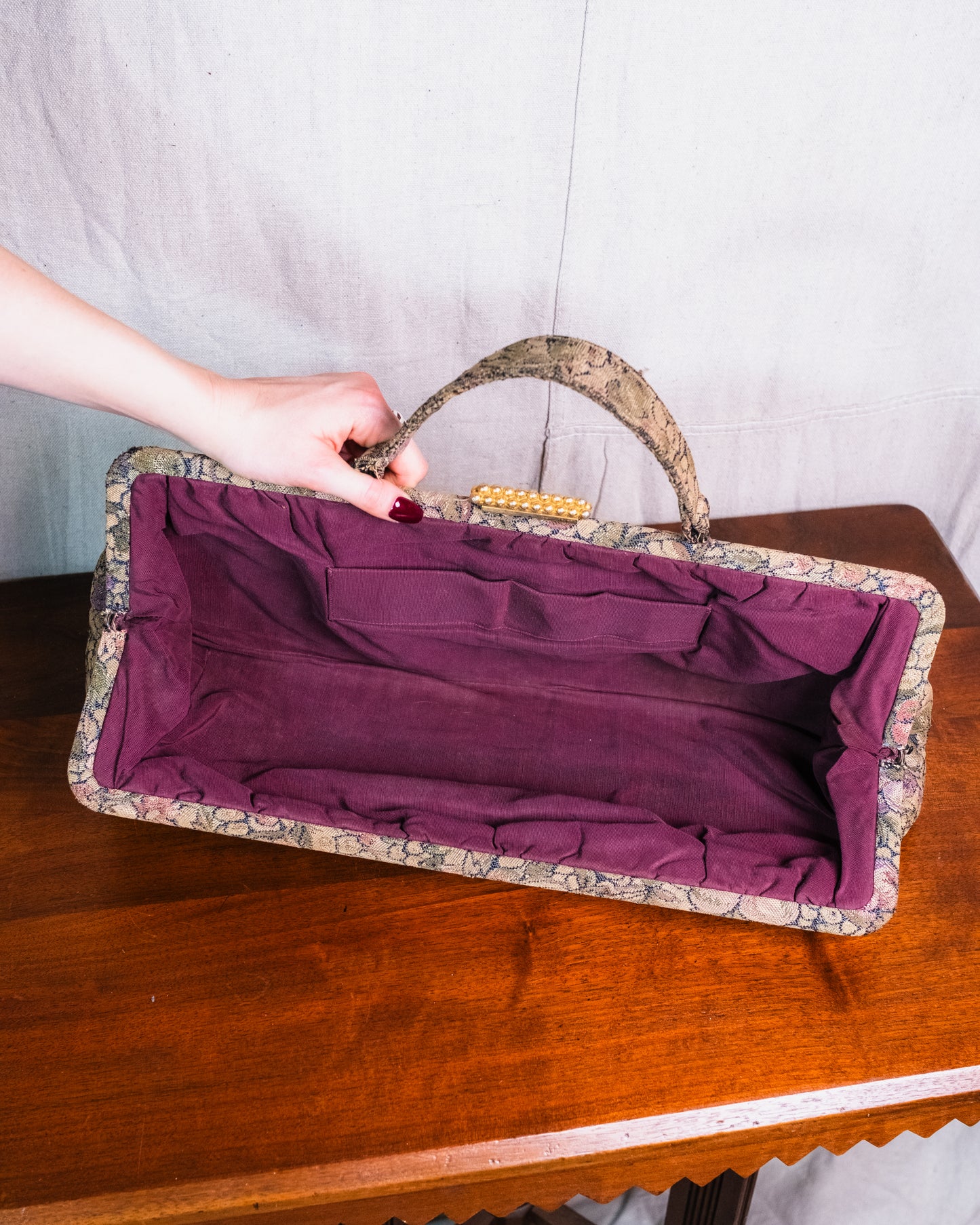 Vintage 1950s Floral Tapestry Top Handle Oversized Clutch Handbag