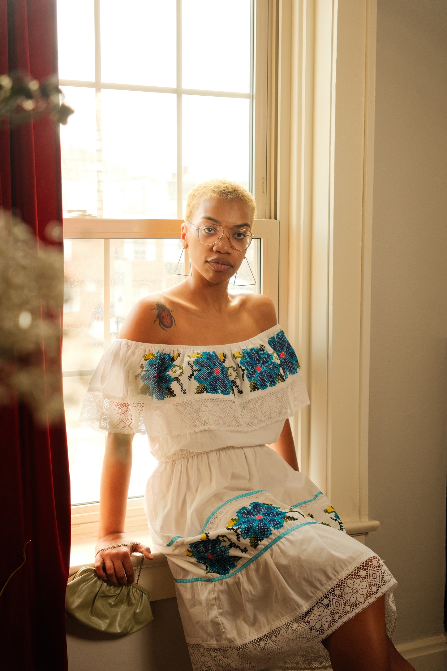Vintage Mexican Embroidered Off Shoulder Cotton Dress | Medium