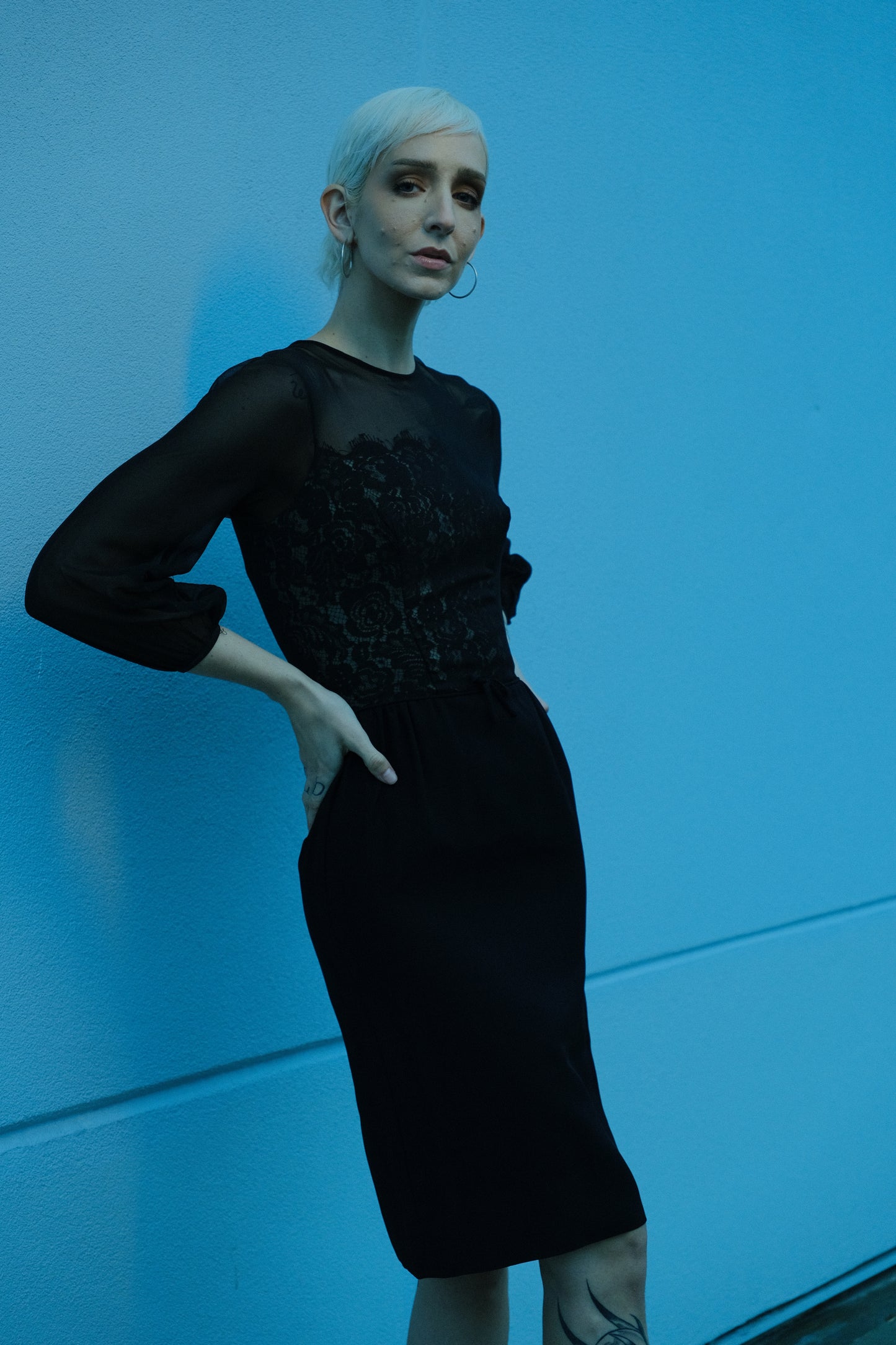 Vintage 1950s Black Chiffon & Lace Cocktail Dress | XS