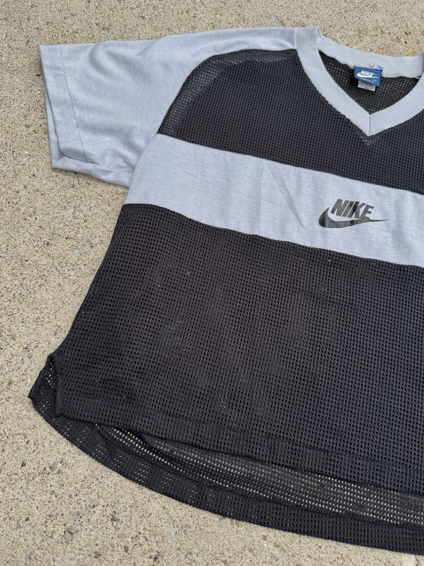 Vintage 1990s Deadstock Nike Grey & Black Mesh Cropped Tee | XL