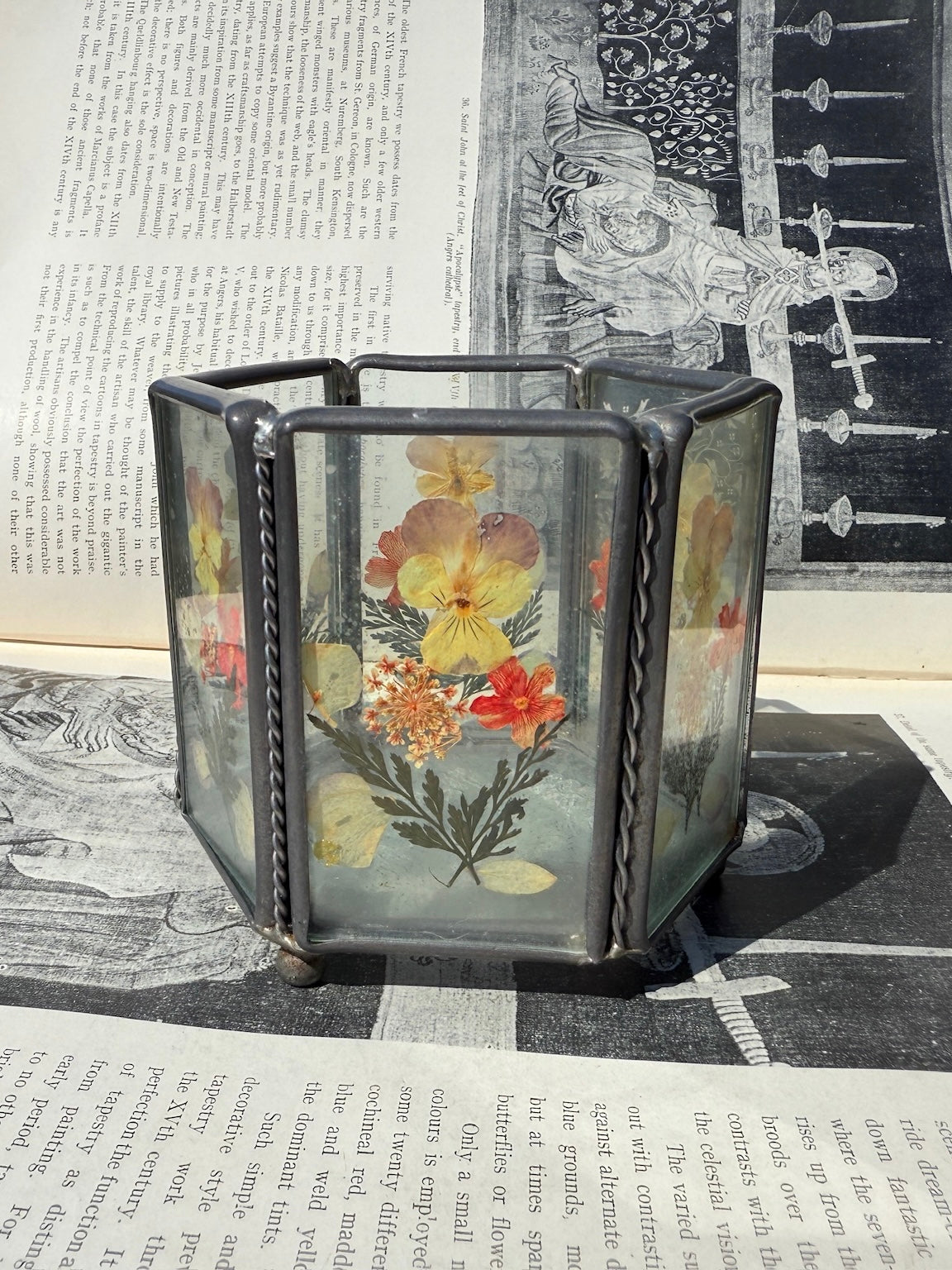 Vintage 1980s Metal & Glass Pressed Flower Tea Light Holder