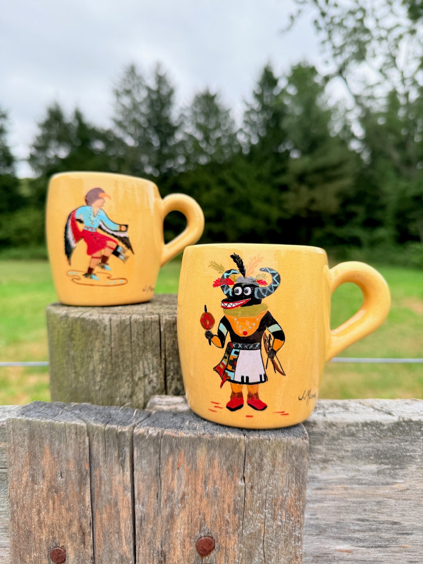 Vintage 1950s J. Moore Hand-Painted Ceramic Native American Coffee Mugs | Set of 5