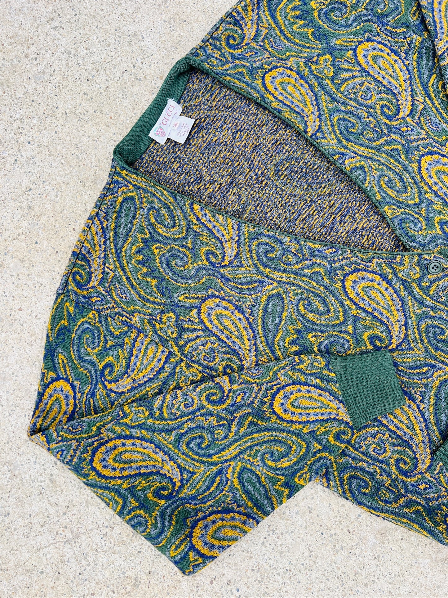 Vintage 1980s Gucci Green Paisley Wool Cardigan | Medium