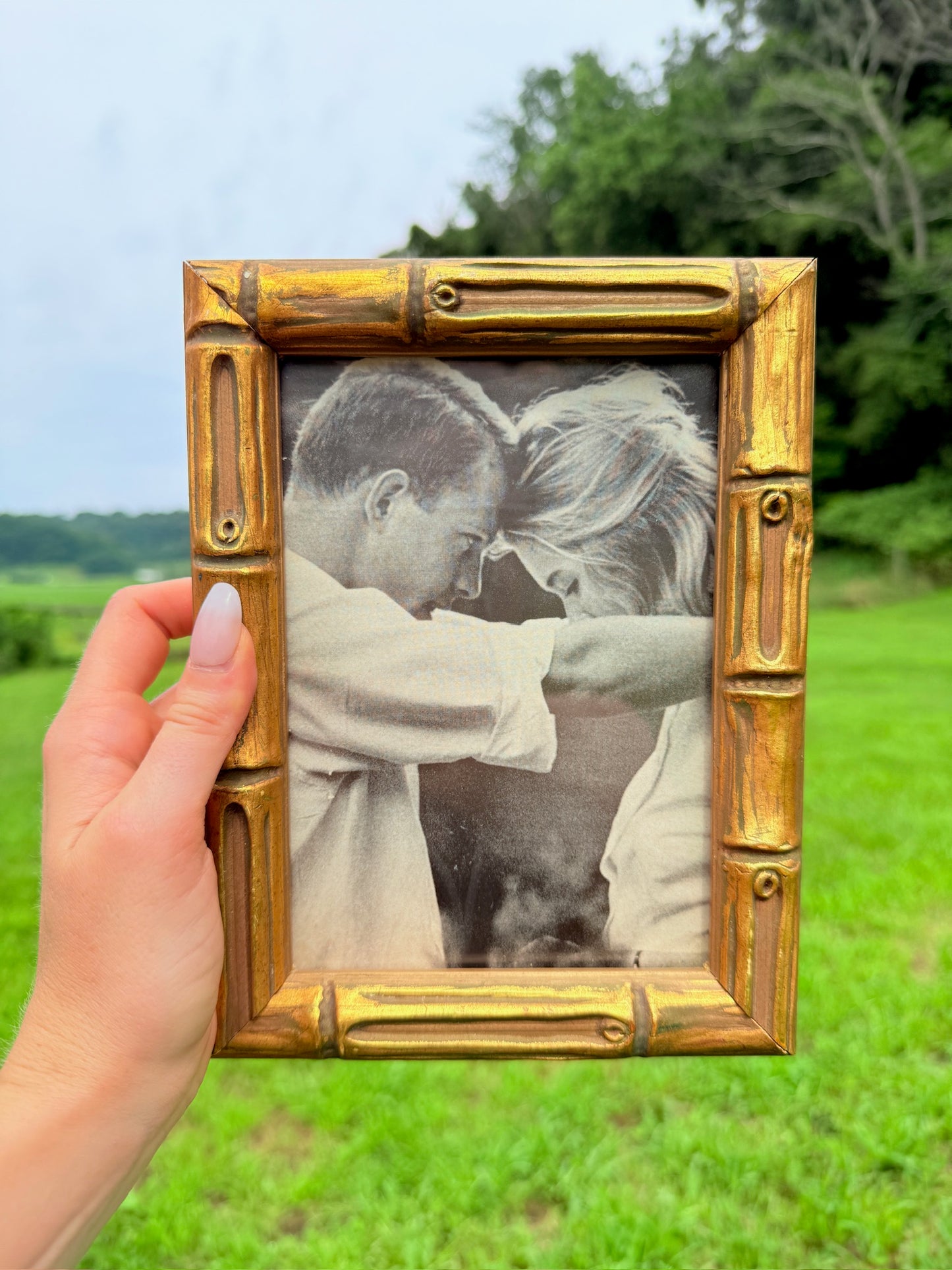 Vintage Gold Bamboo-Style Picture Frame w/ "Couples Embrace" Print