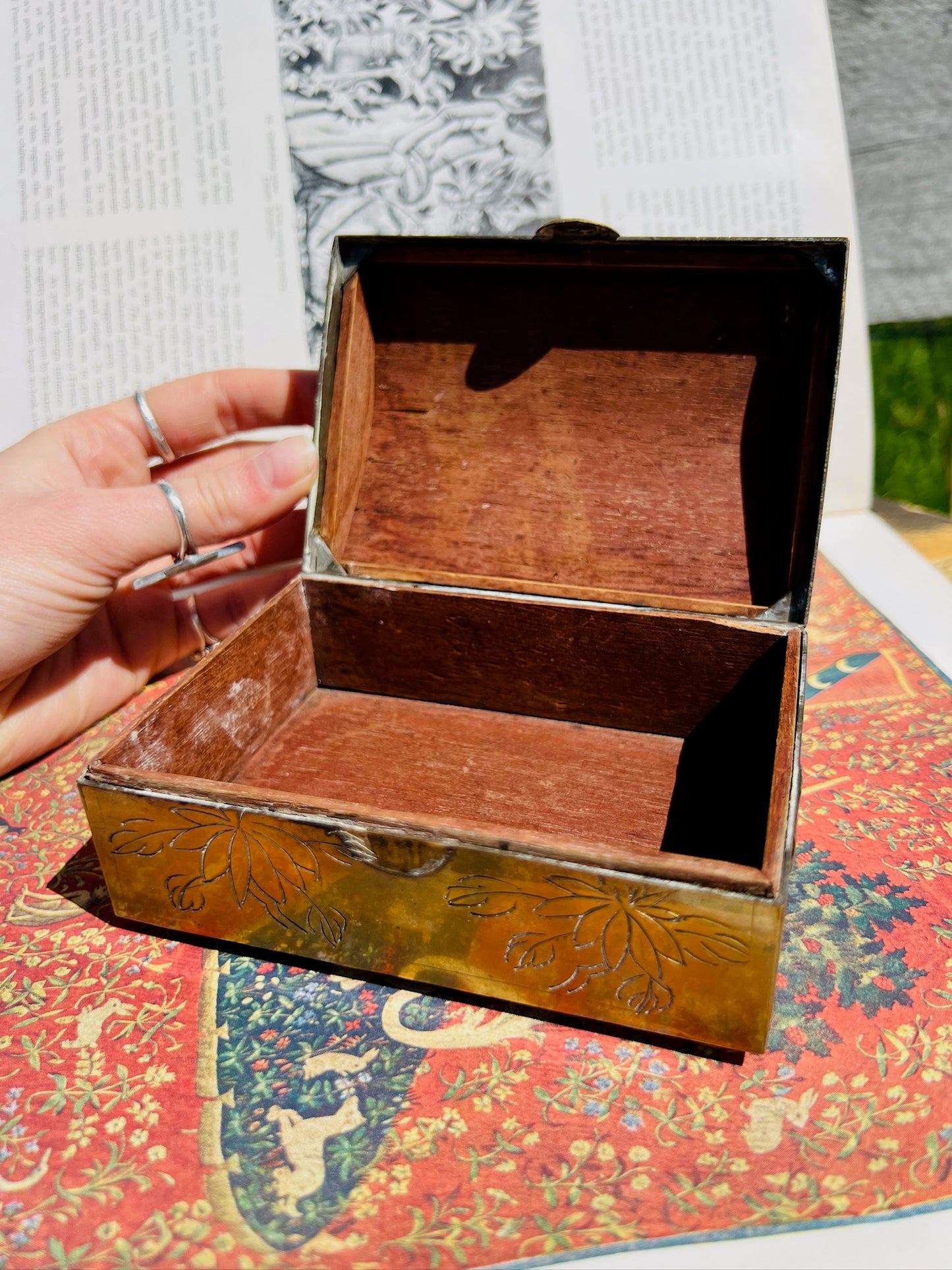Vintage 1950s Brass Floral Painted Inlay Trinket Box
