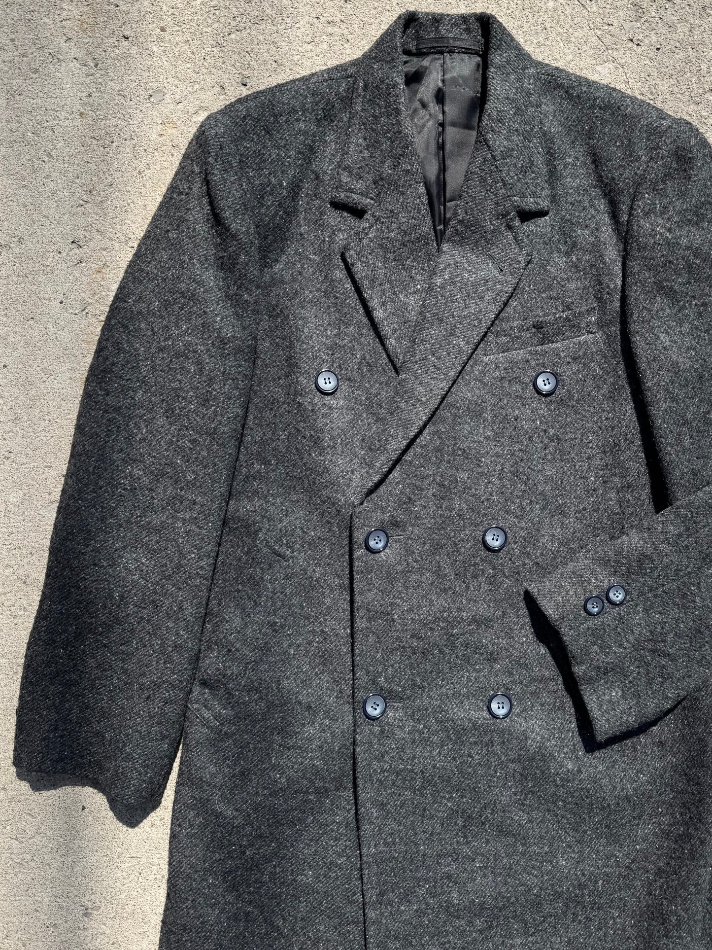 Vintage 1980s Jimmy’s Tailor Grey Wool Double-Breasted Overcoat | L/XL