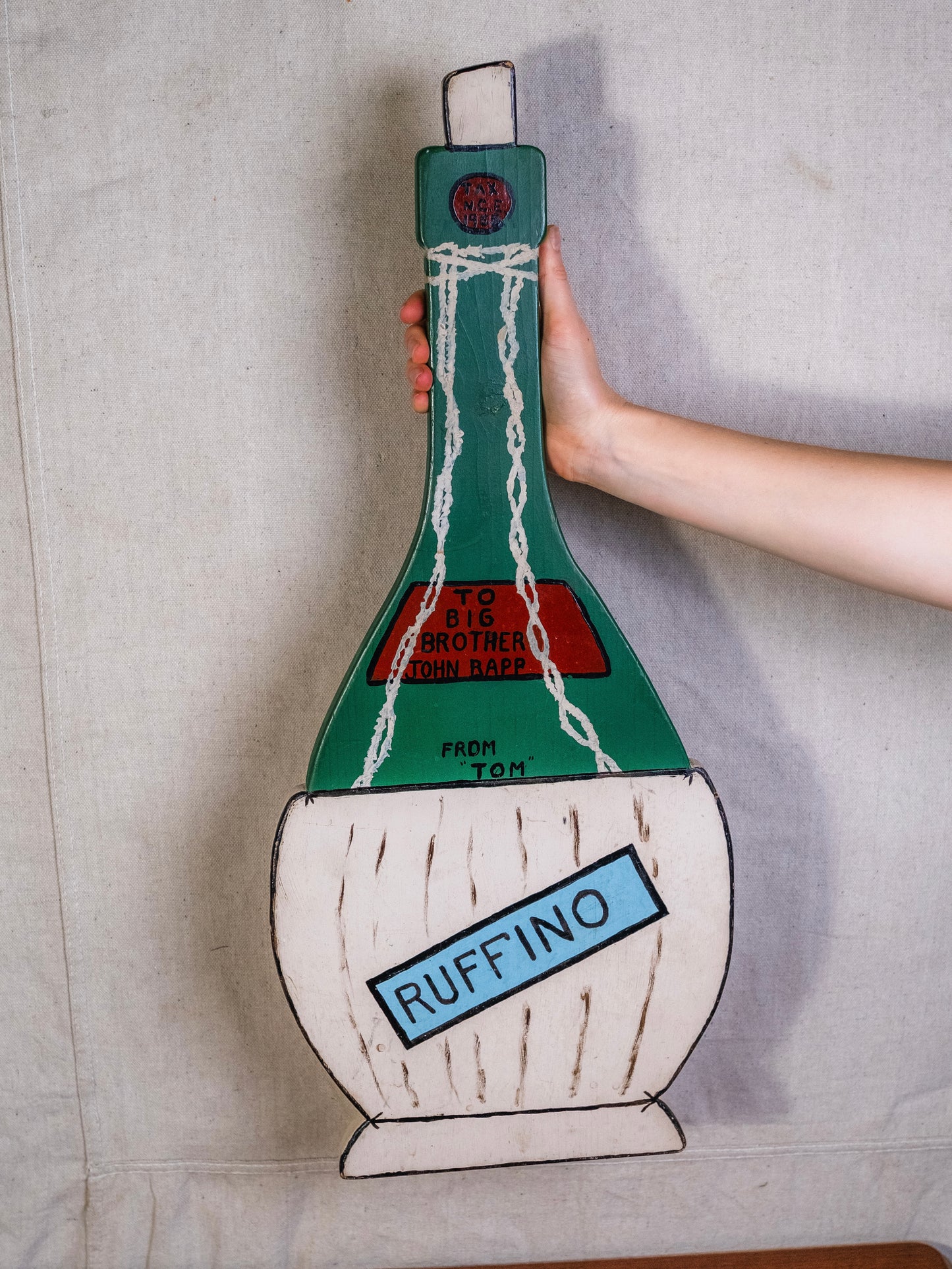 Vintage 1960s Hand-Painted Ruffino Bottle Wooden Cutout Art