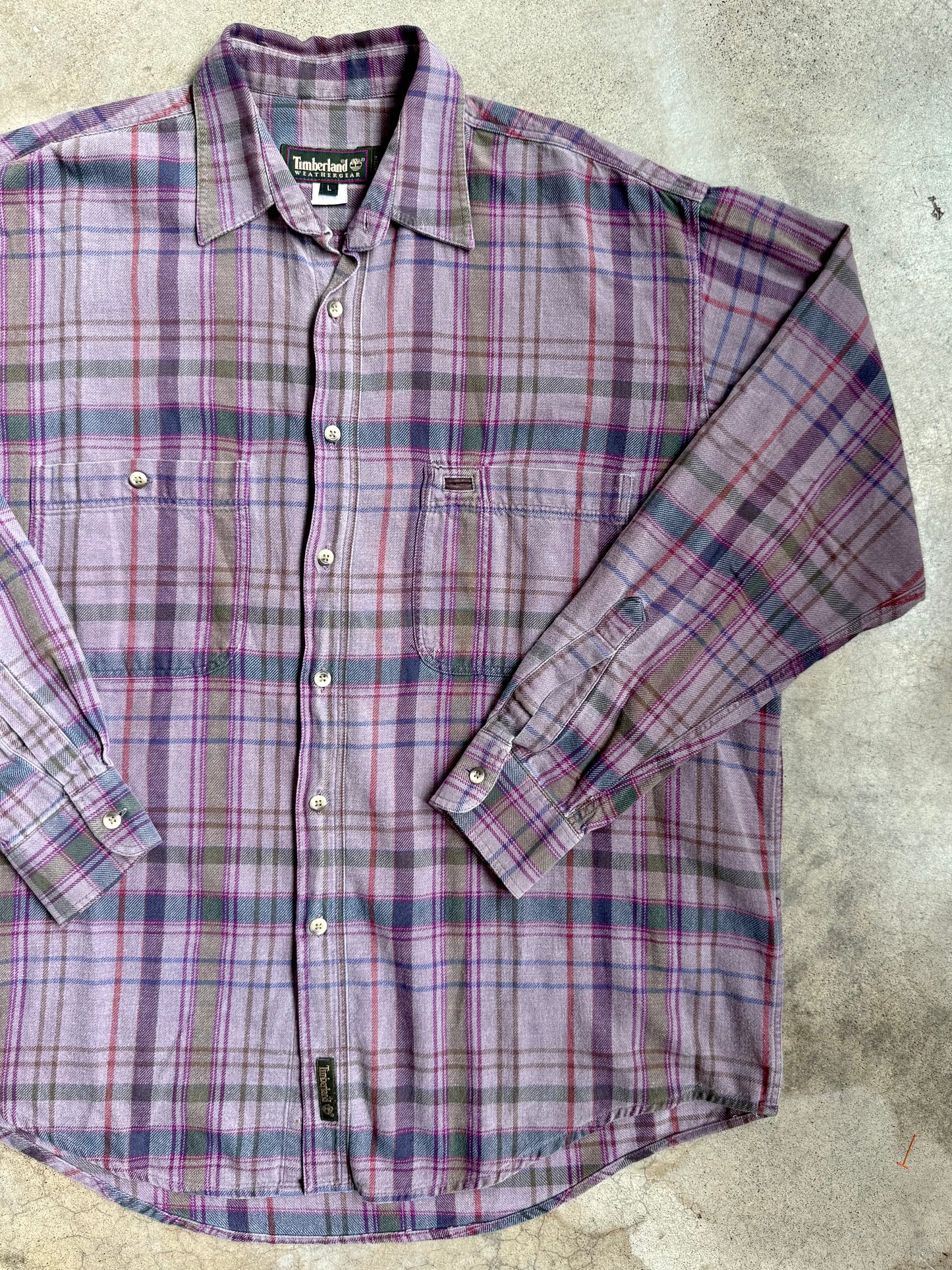 Vintage 1990s Timberland Purple Plaid 100% Cotton Button-Up Shirt | Large