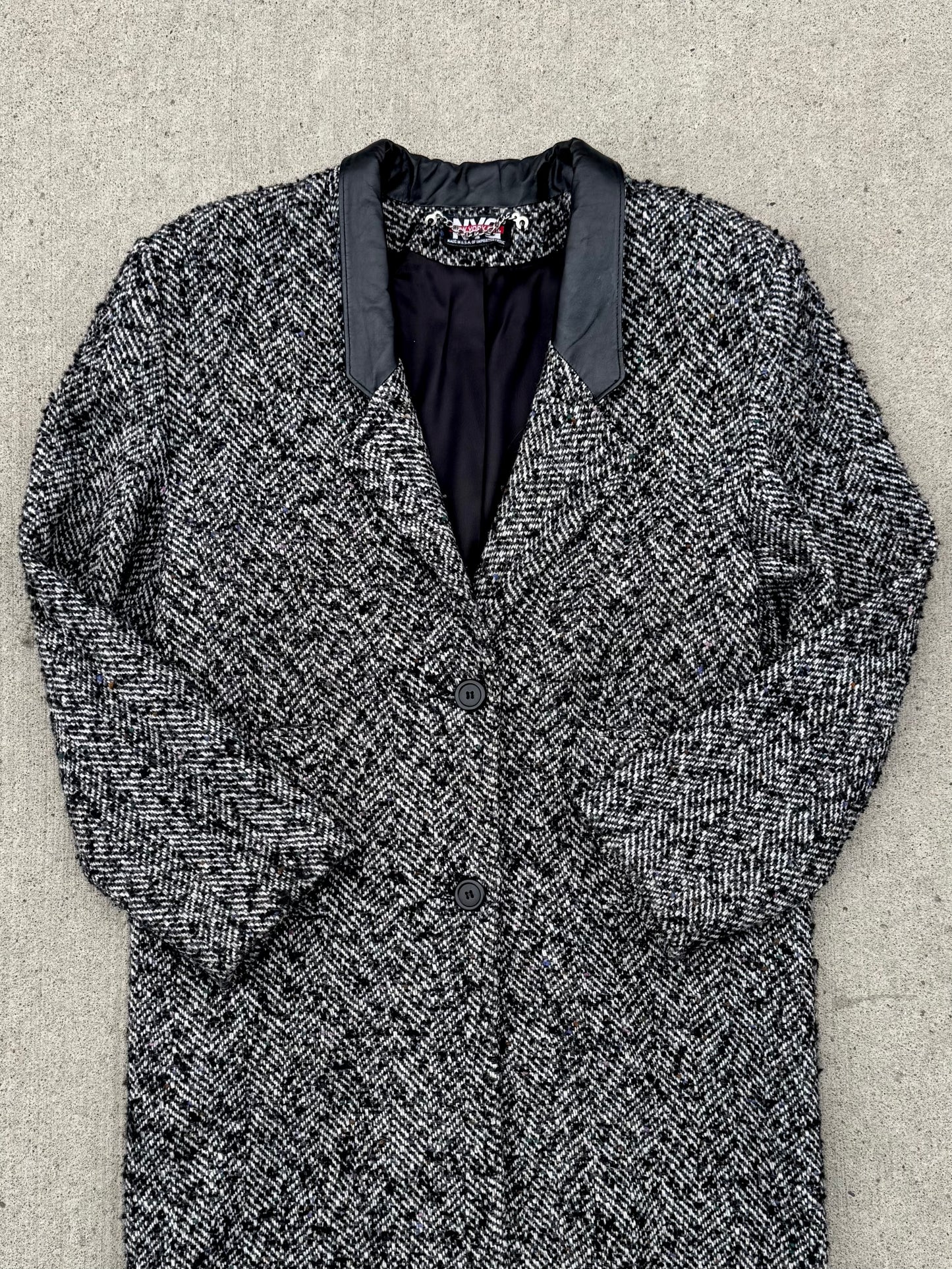 Vintage 1980s/90s New York Girl Leather Collar Tweed Overcoat | M/L