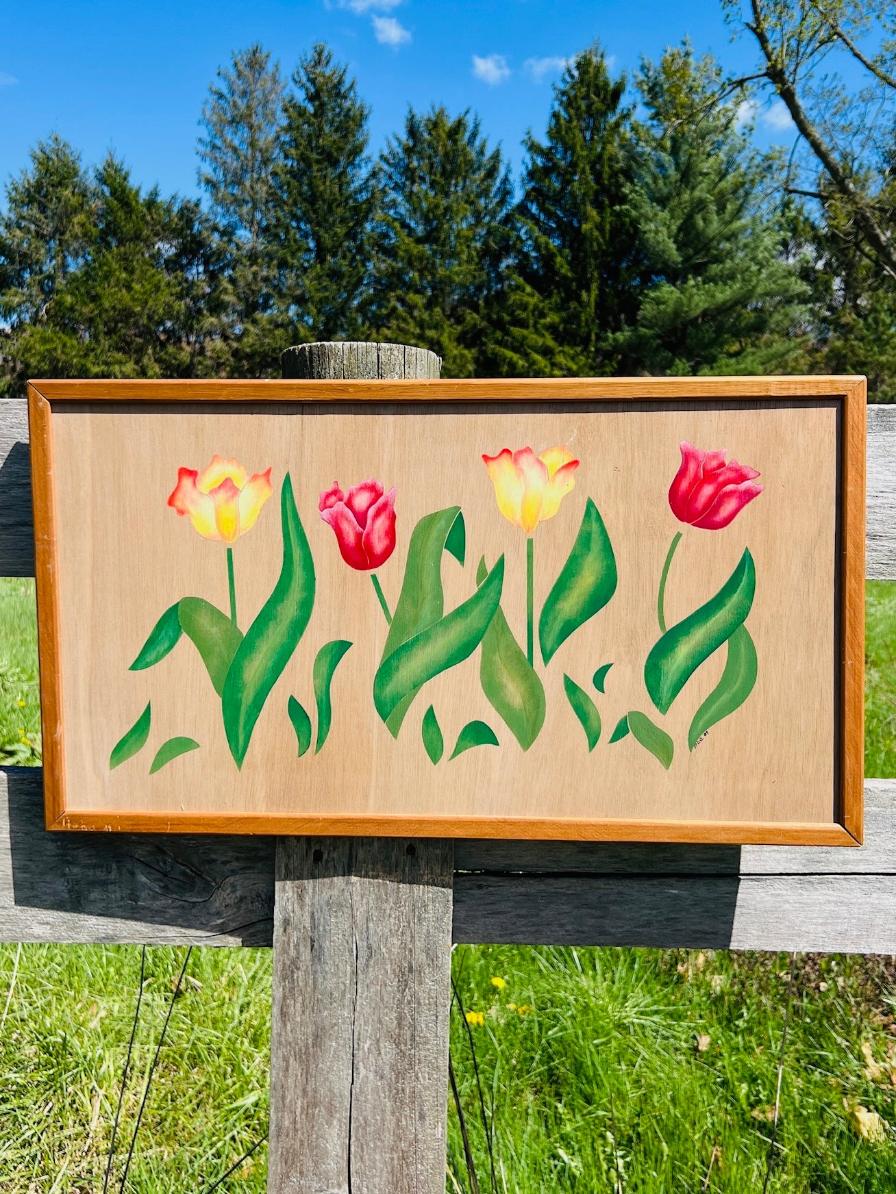 Vintage 1980s Framed "Tulip" Oil on Wood Art