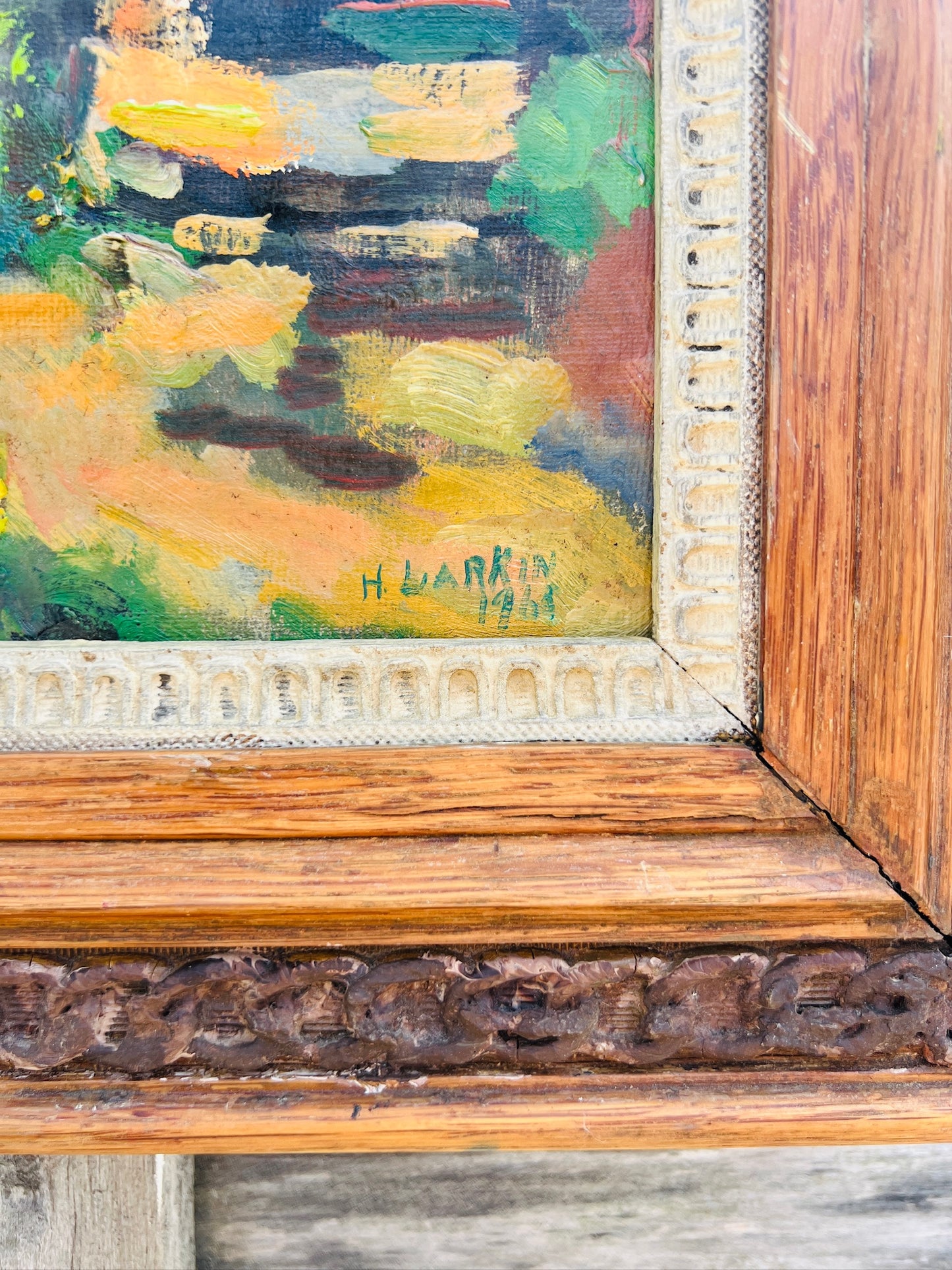 Antique Framed Abstract Landscape Oil on Canvas Painting