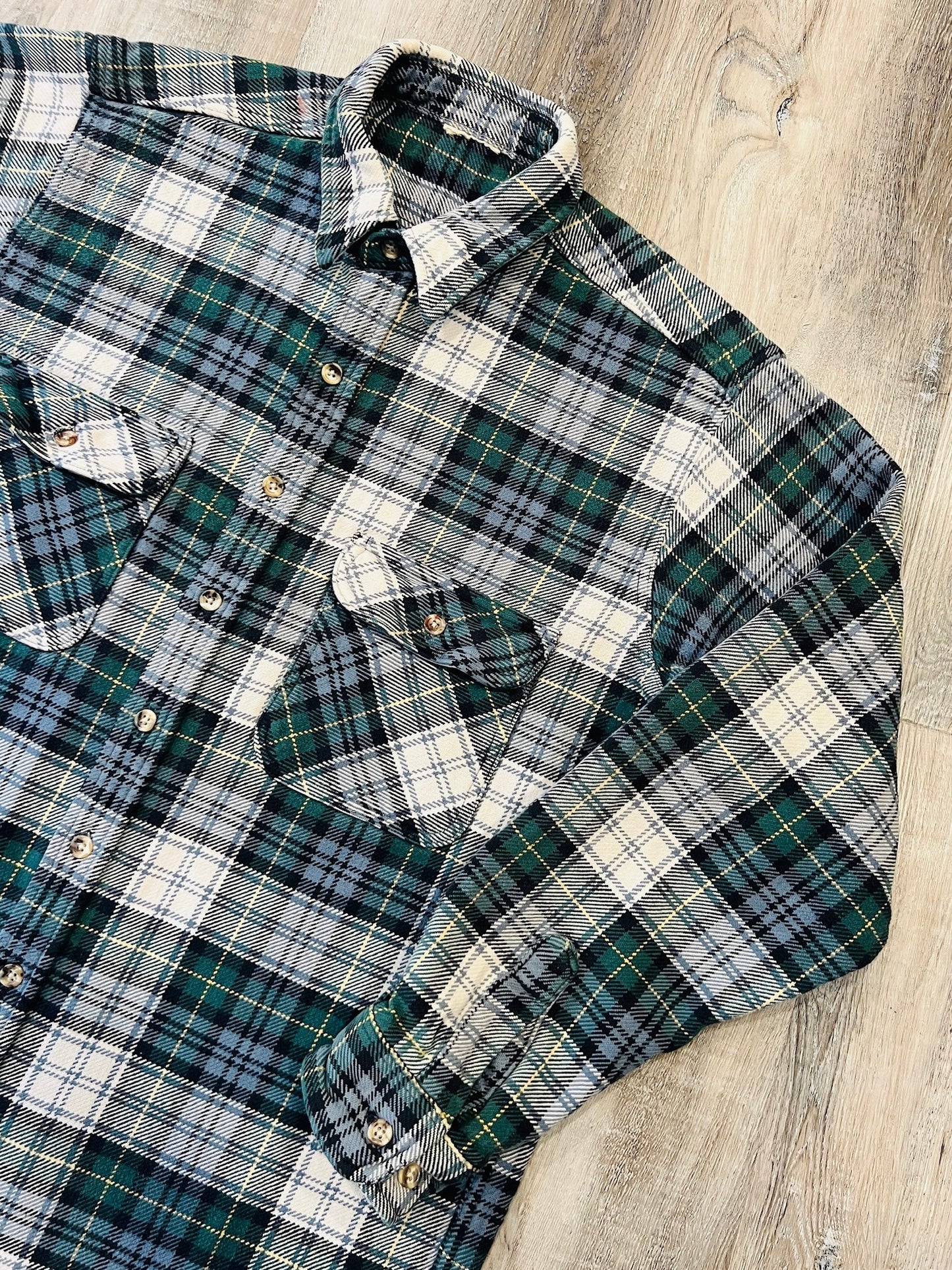 Vintage 1990s Green Plaid Cotton Flannel Shirt | Large