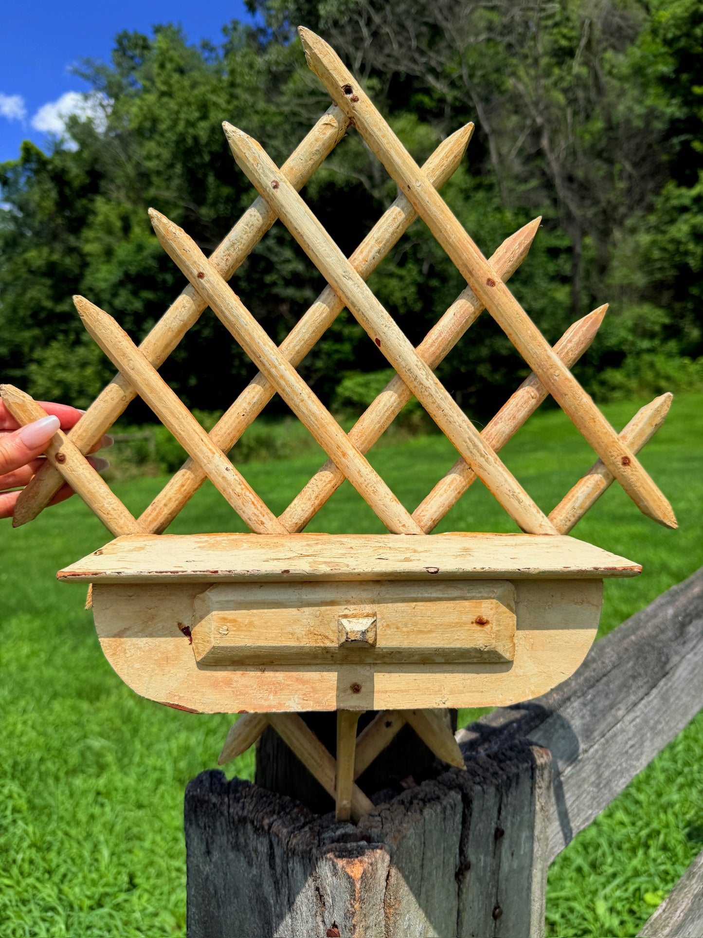 Vintage 1930s Tramp Art Lattice Wall Shelf w/ Drawer