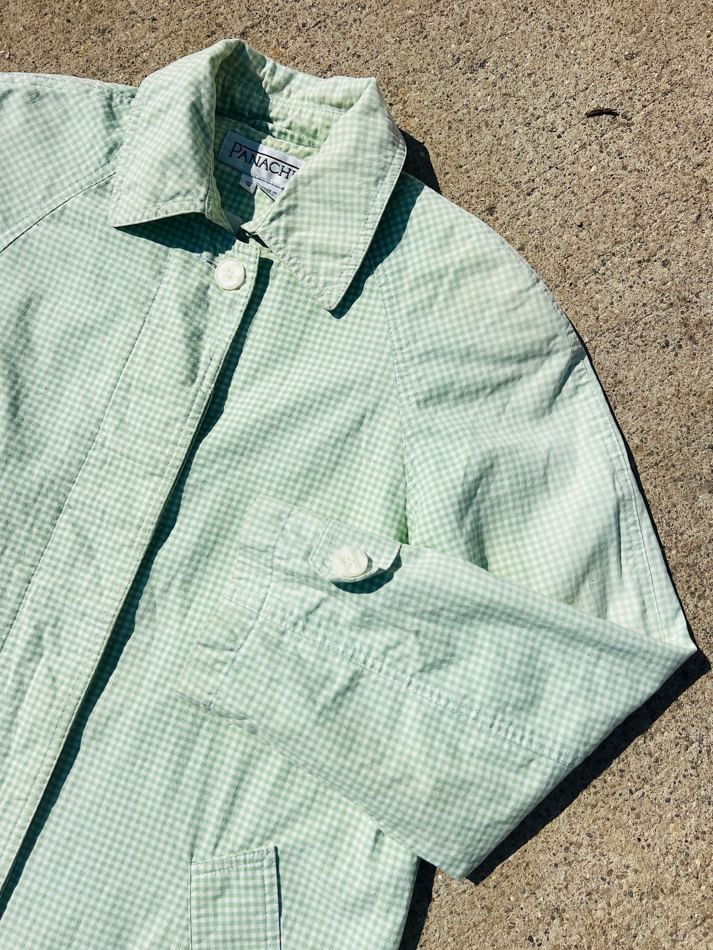 Vintage 1980s Panache Green Gingham Cotton Trench Coat | Small